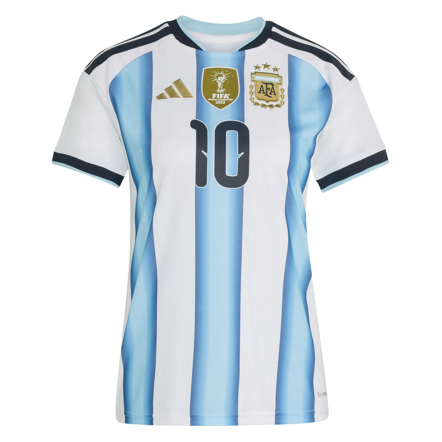 Argentina home football jersey with light blue and white stripes, three-star AFA crest, gold FIFA World Champions patch, and number 10.