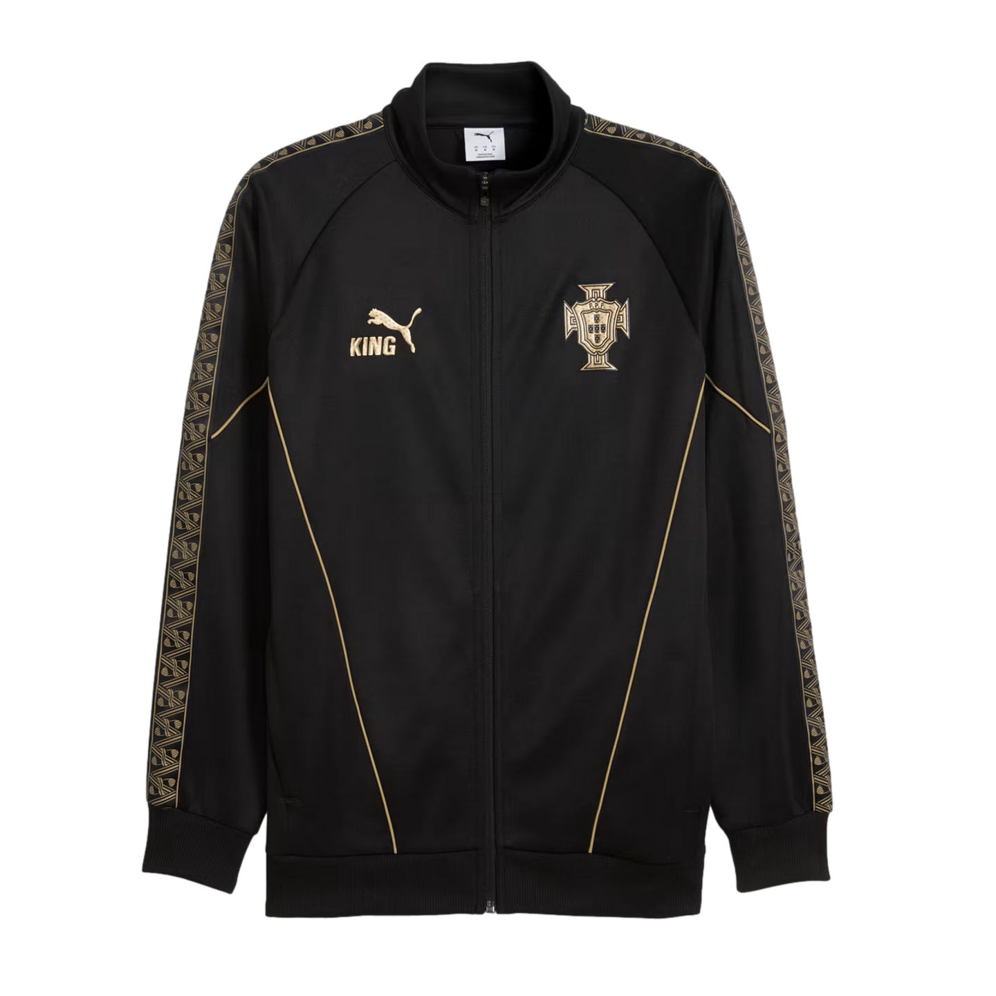 Black PUMA KING track jacket with gold accents. Features the Portugal football crest on the chest and gold patterned tape along the sleeves.