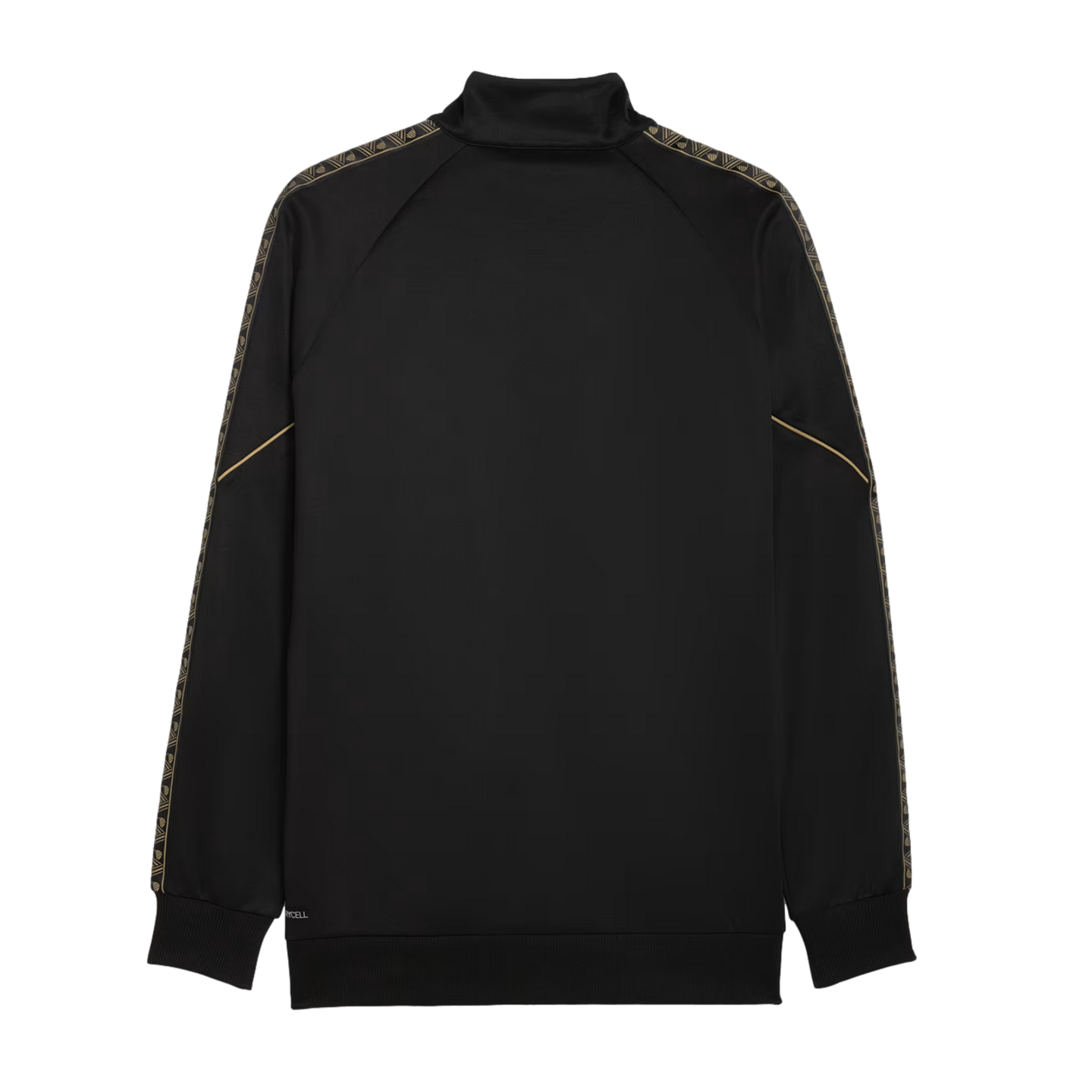 Back view of a black track jacket featuring gold patterned tape on the sleeves, gold piping accents, and ribbed cuffs and hem.