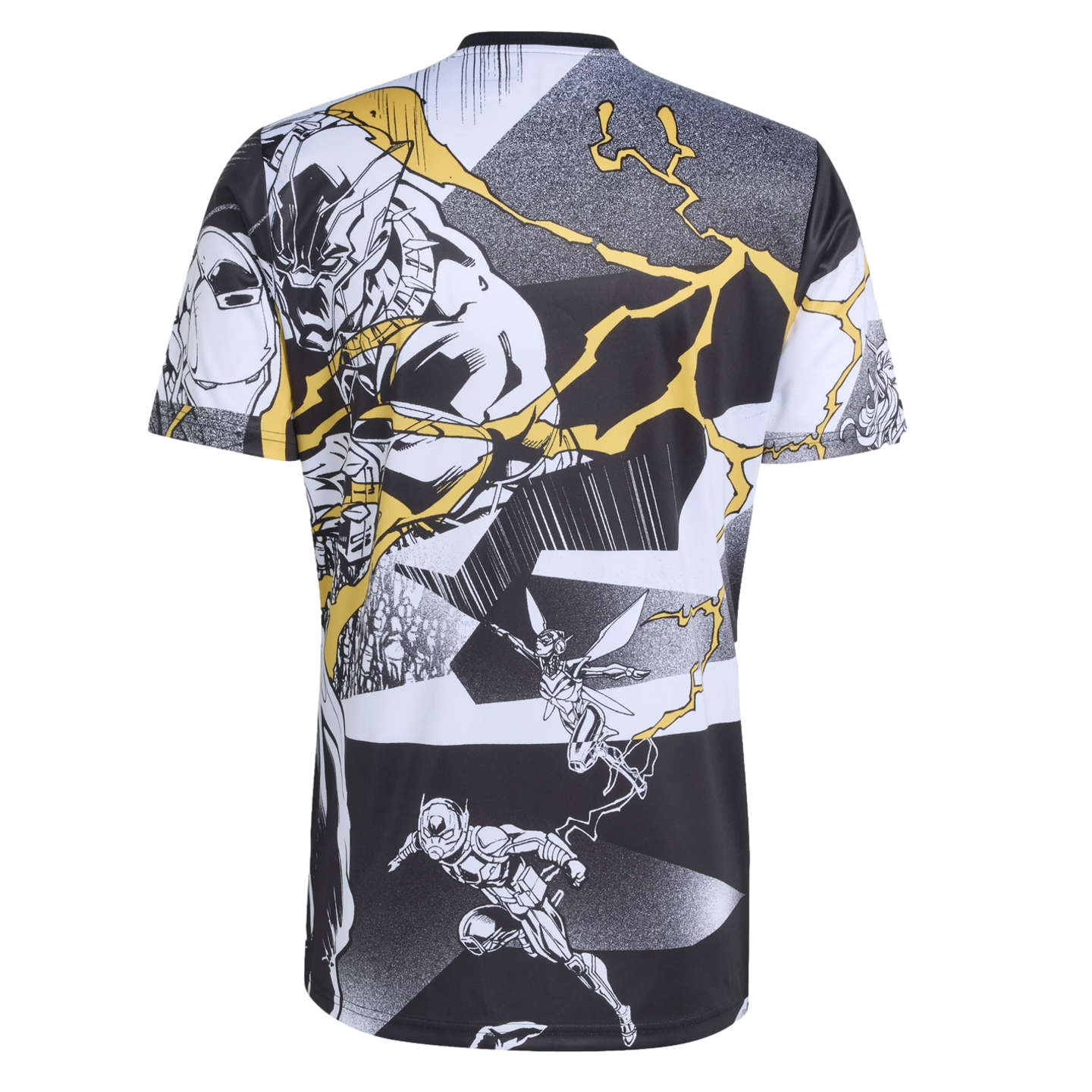 Back of a t-shirt featuring black and white Marvel comic illustrations of Black Panther, Ant-Man, and The Wasp, accented with vibrant yellow lightning bolts.