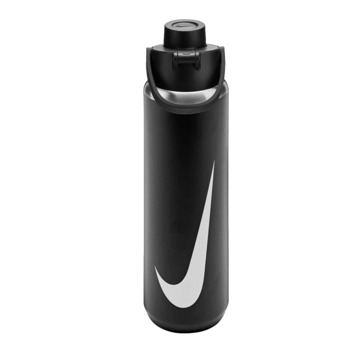 Black Nike water bottle with a large white swoosh logo and a black screw-top lid with a carry handle, set against a black background.