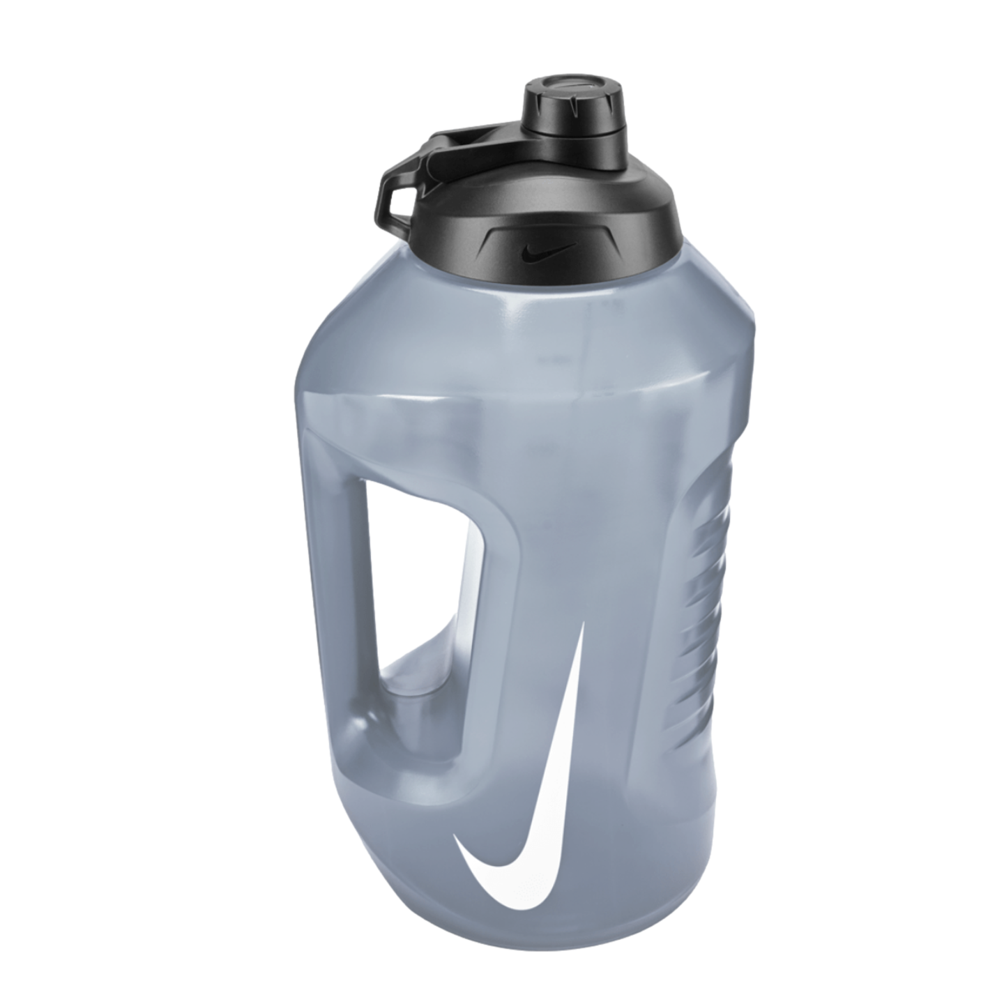 A translucent grey Nike water jug with a built-in handle, a black flip-top cap, and a large white swoosh logo on the front.