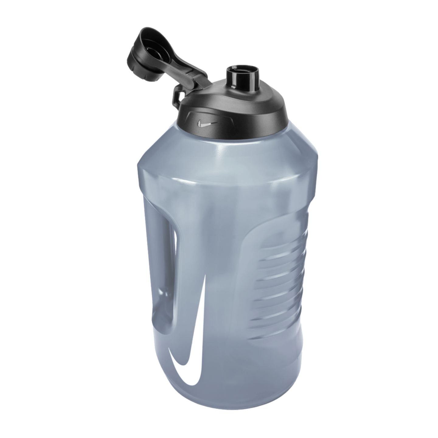 Smoky gray Nike water jug with a black flip-top lid and a large white swoosh logo.