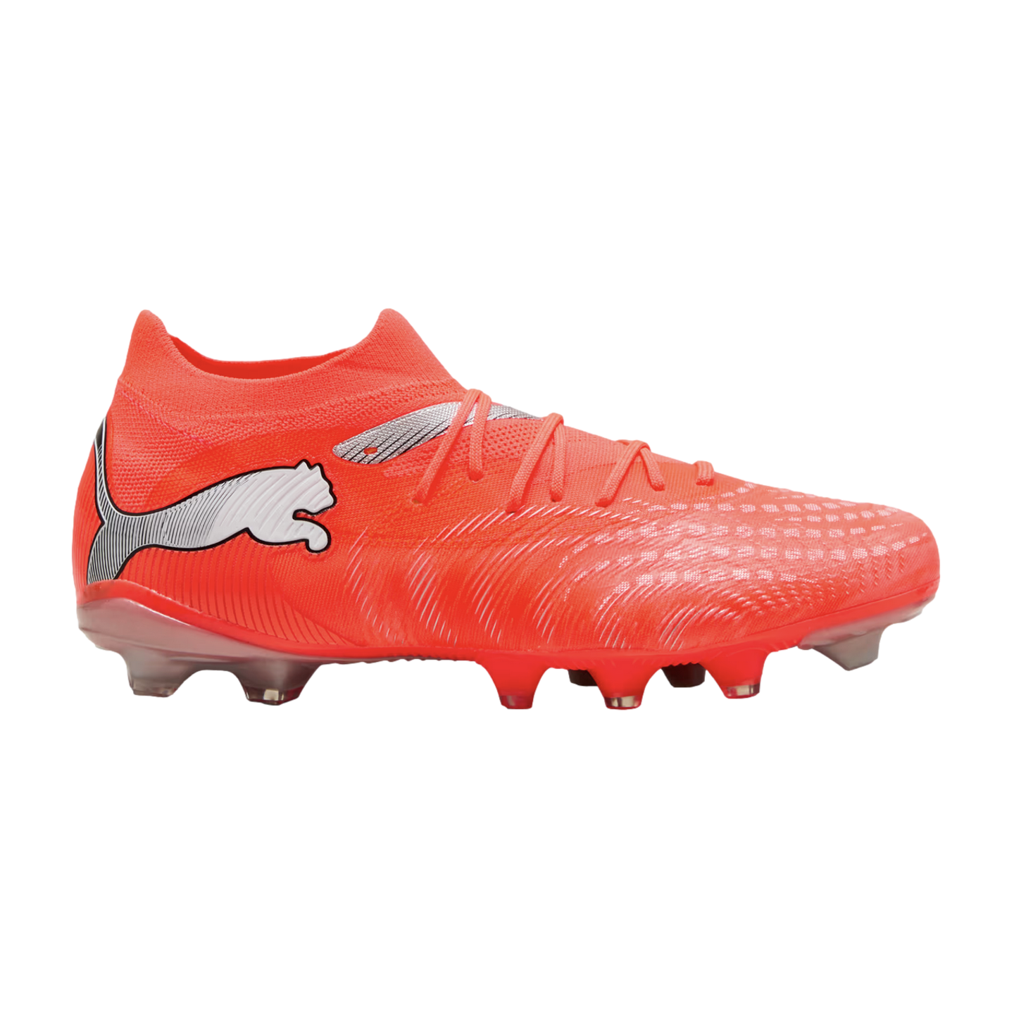 A bright orange Puma soccer cleat with a silver leaping cat logo, shown from the side against a black background.