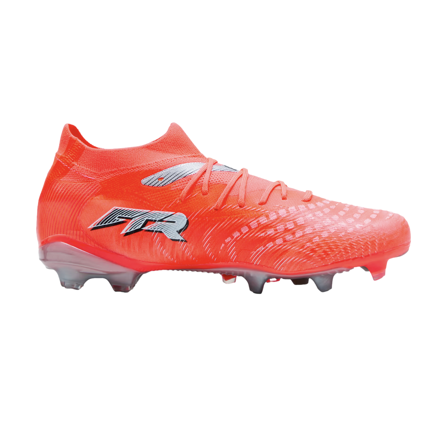 Bright orange soccer cleat with a silver "FTR" logo and textured upper, shown in profile against a solid black background.