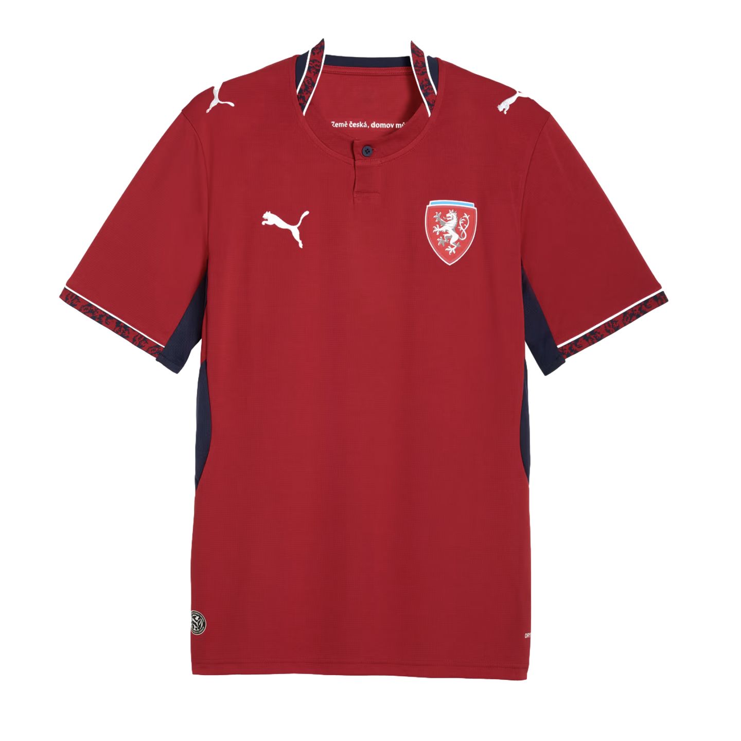 Red Puma soccer jersey for the Czech Republic national team with a white lion crest, navy side panels, and patterned trim on the collar and sleeves.