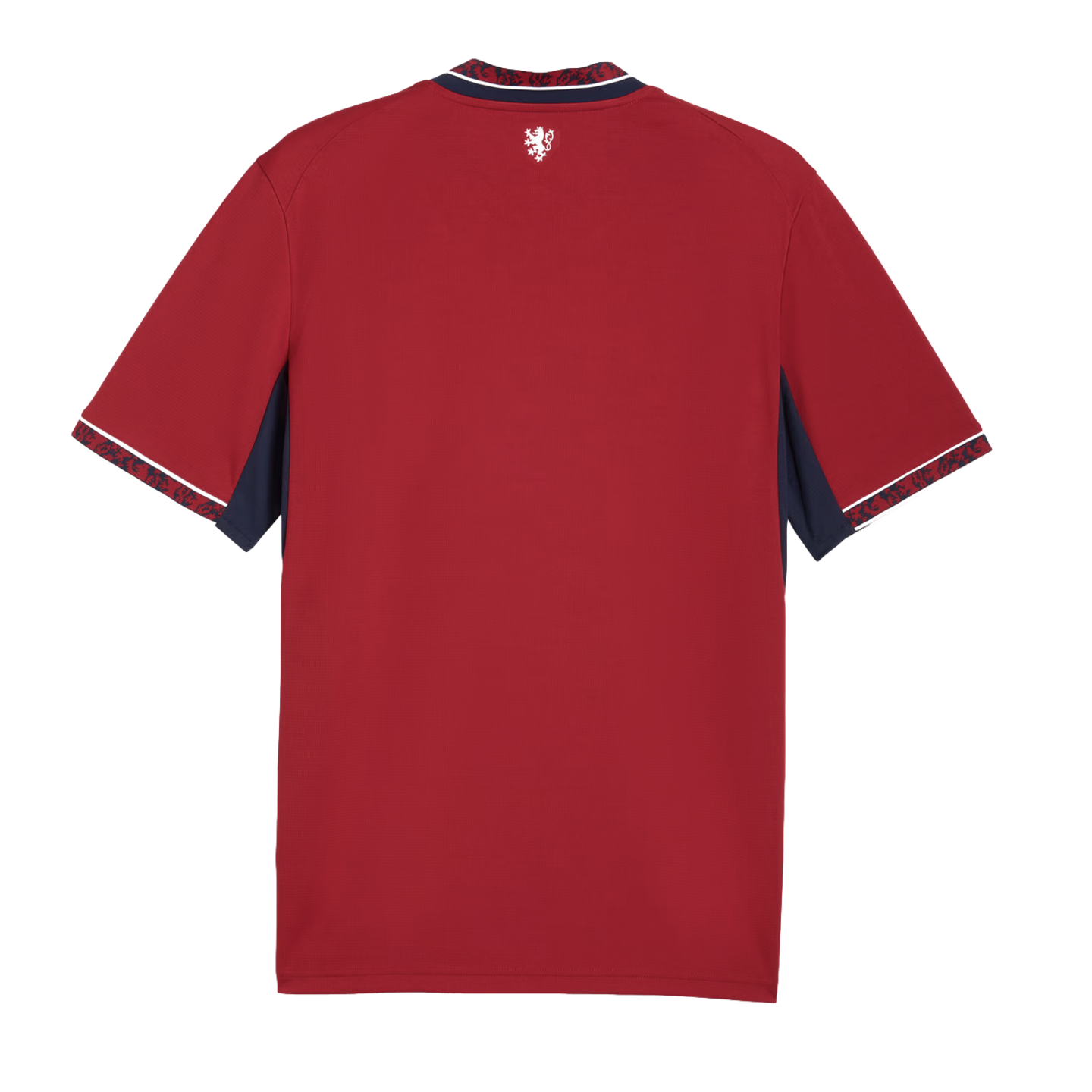 Back view of a dark red short-sleeved jersey with navy blue side panels and trim. It features a small white lion logo on the upper back.