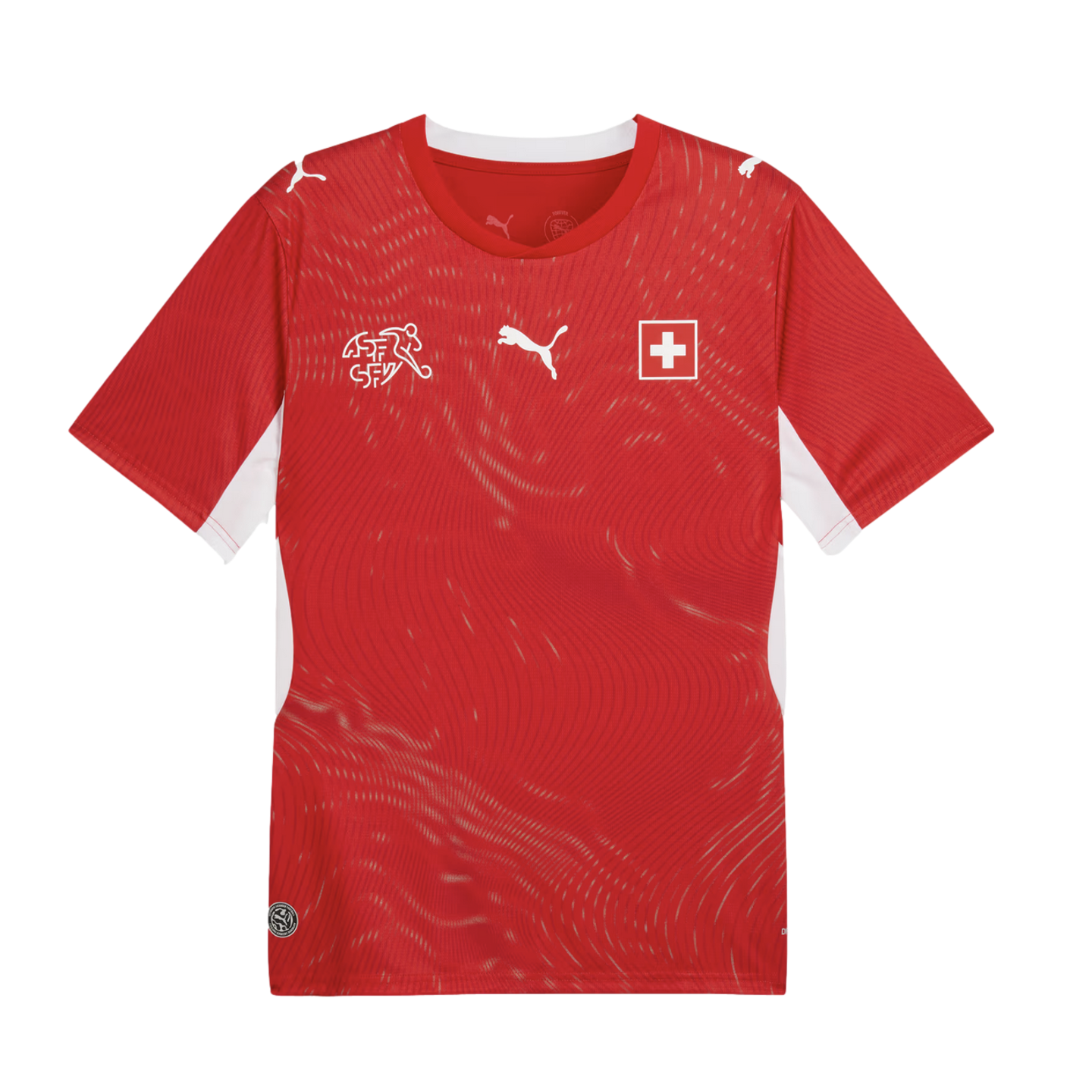 A red Switzerland national football jersey by Puma with white logos, Swiss flag, and white side panels. Features a subtle wavy line pattern throughout.