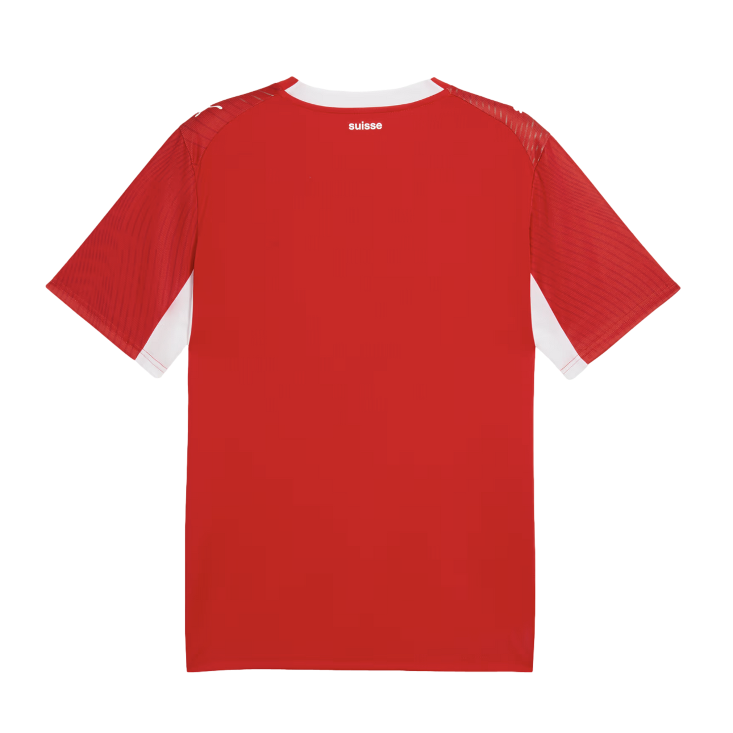 Back view of a red soccer jersey with white trim on the collar and underarms. The word "suisse" is printed in small white text on the upper back.