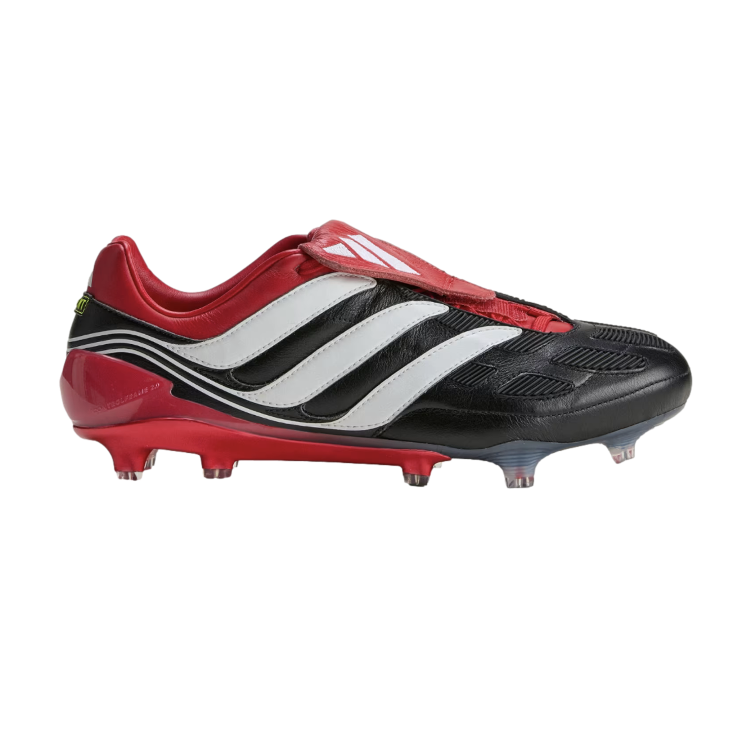 Side profile of an Adidas soccer cleat in black, white, and red. It features three white stripes, a textured upper, a red fold-over tongue, and a red studded sole.