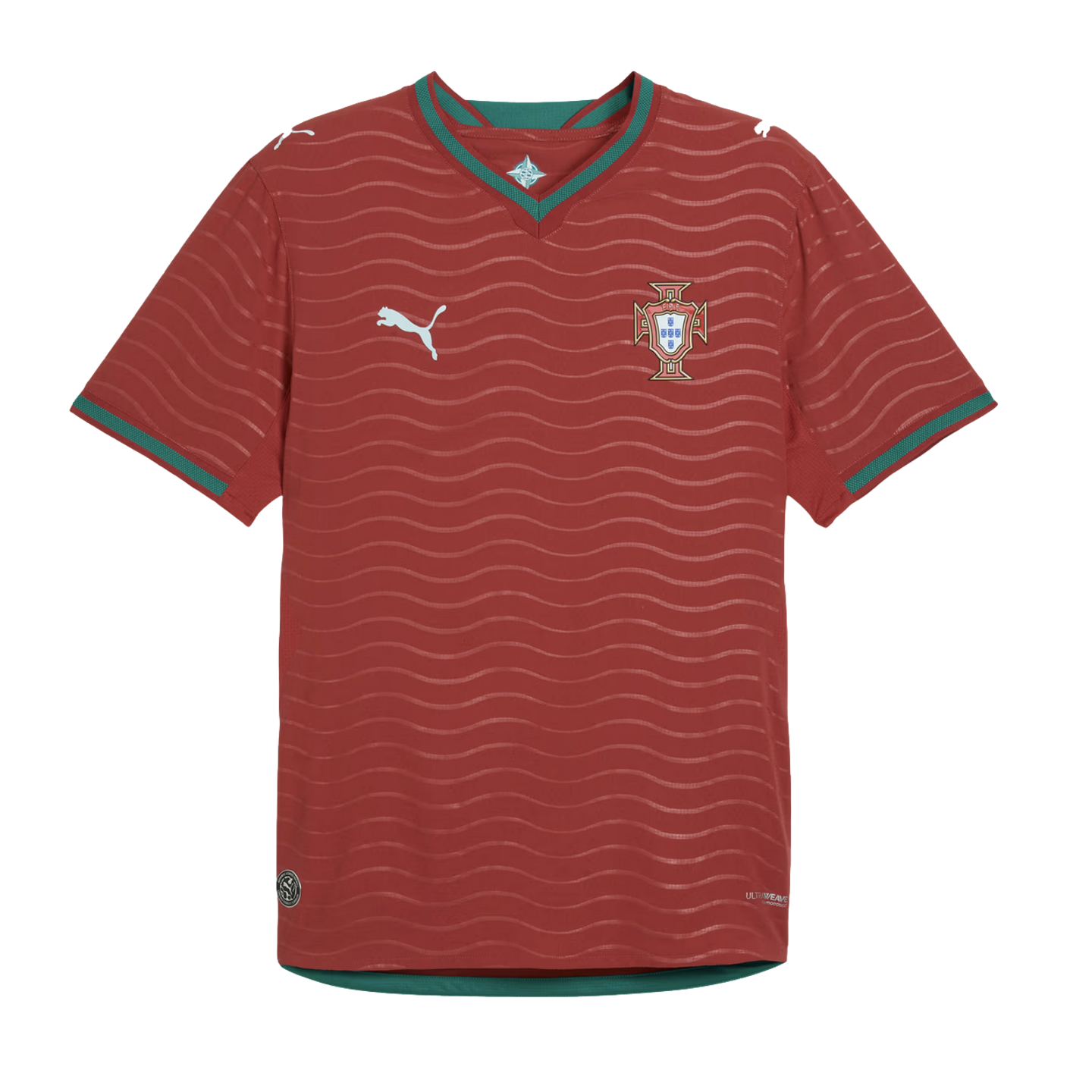 Red Puma Portugal soccer jersey with a subtle wavy pattern and green trim on the collar, cuffs, and hem. The national team crest is on the left chest.