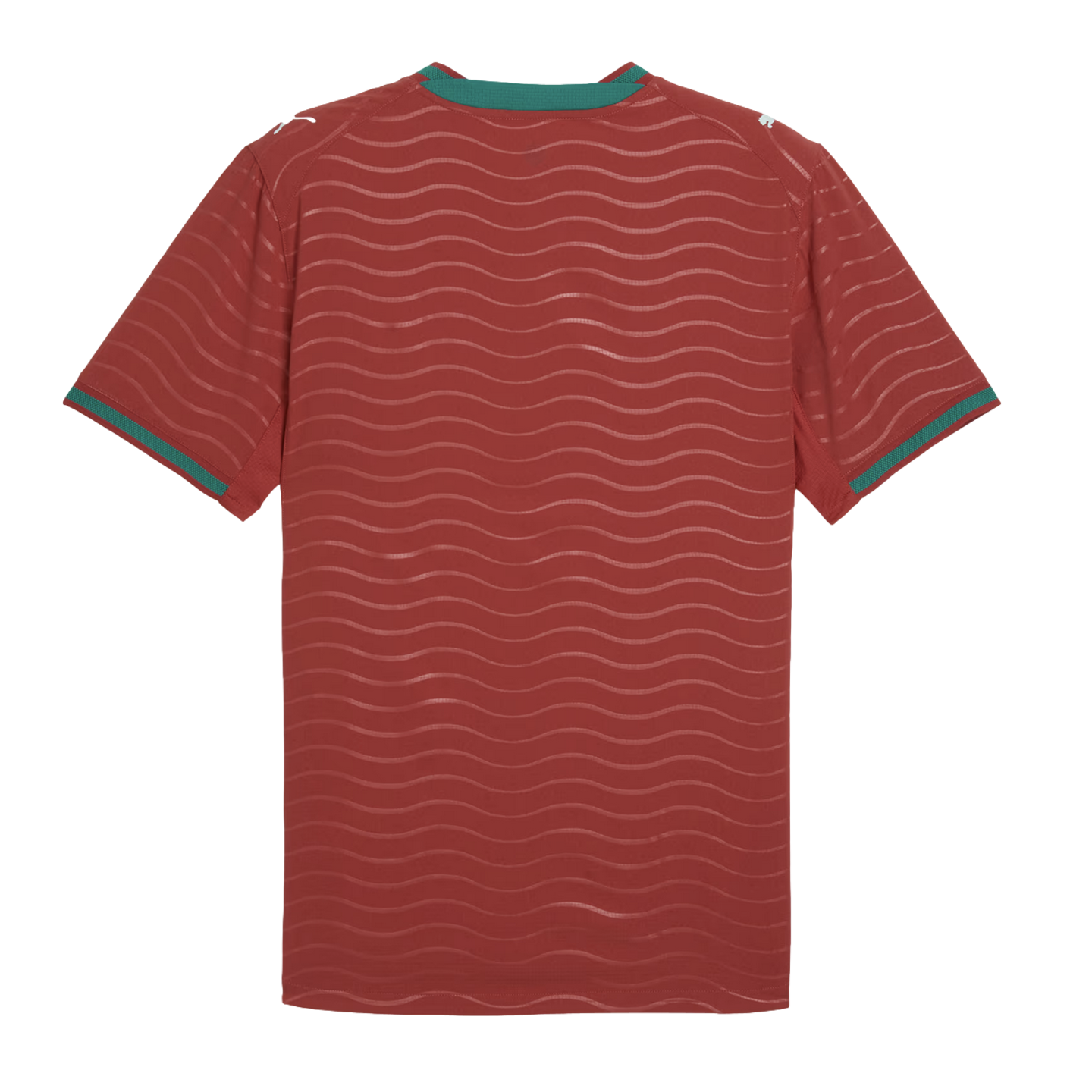 Back view of a maroon sports jersey featuring wavy tonal stripes, teal green trim on the collar and cuffs, and small white shoulder logos against a black background.