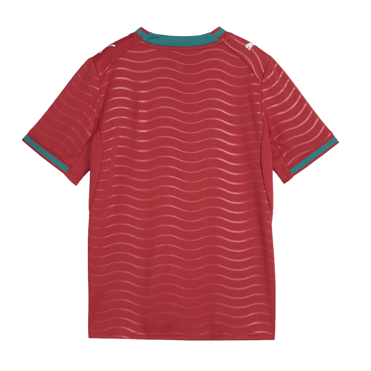 Rear view of a red soccer jersey featuring horizontal wavy patterns, teal collar and sleeve trim, and white Puma logos on each shoulder.