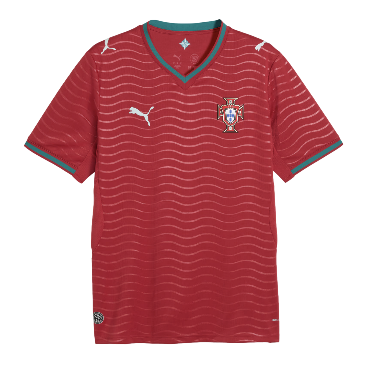 Red Puma Portugal soccer jersey with wavy horizontal patterns, teal trim on the V-neck and sleeves, and the national team crest on the chest.