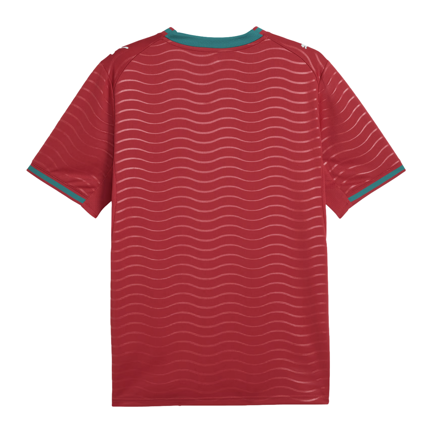 Back view of a red short-sleeve jersey featuring a horizontal wavy pattern, green trim on the collar and sleeve cuffs, and white logos on the shoulders.