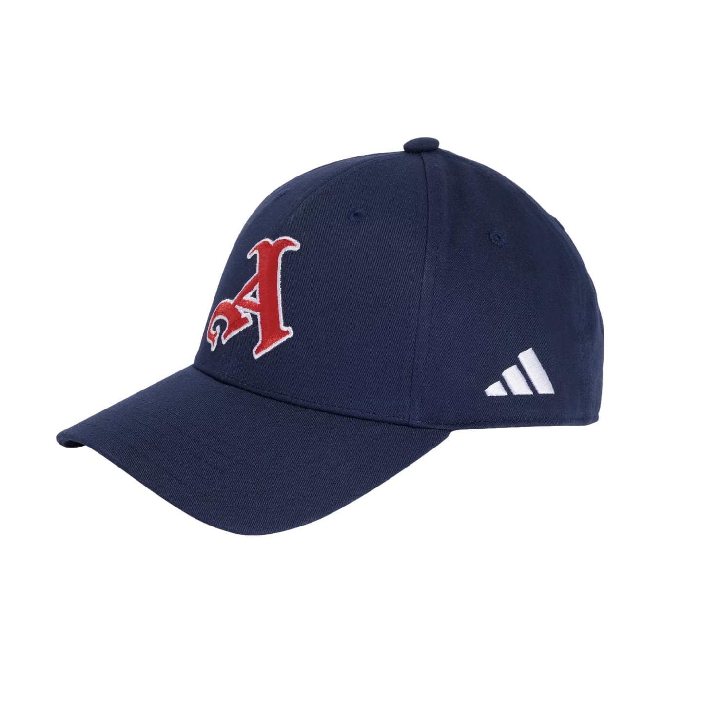A navy blue baseball cap featuring a large red decorative 'A' outlined in white on the front and a white Adidas logo on the side.
