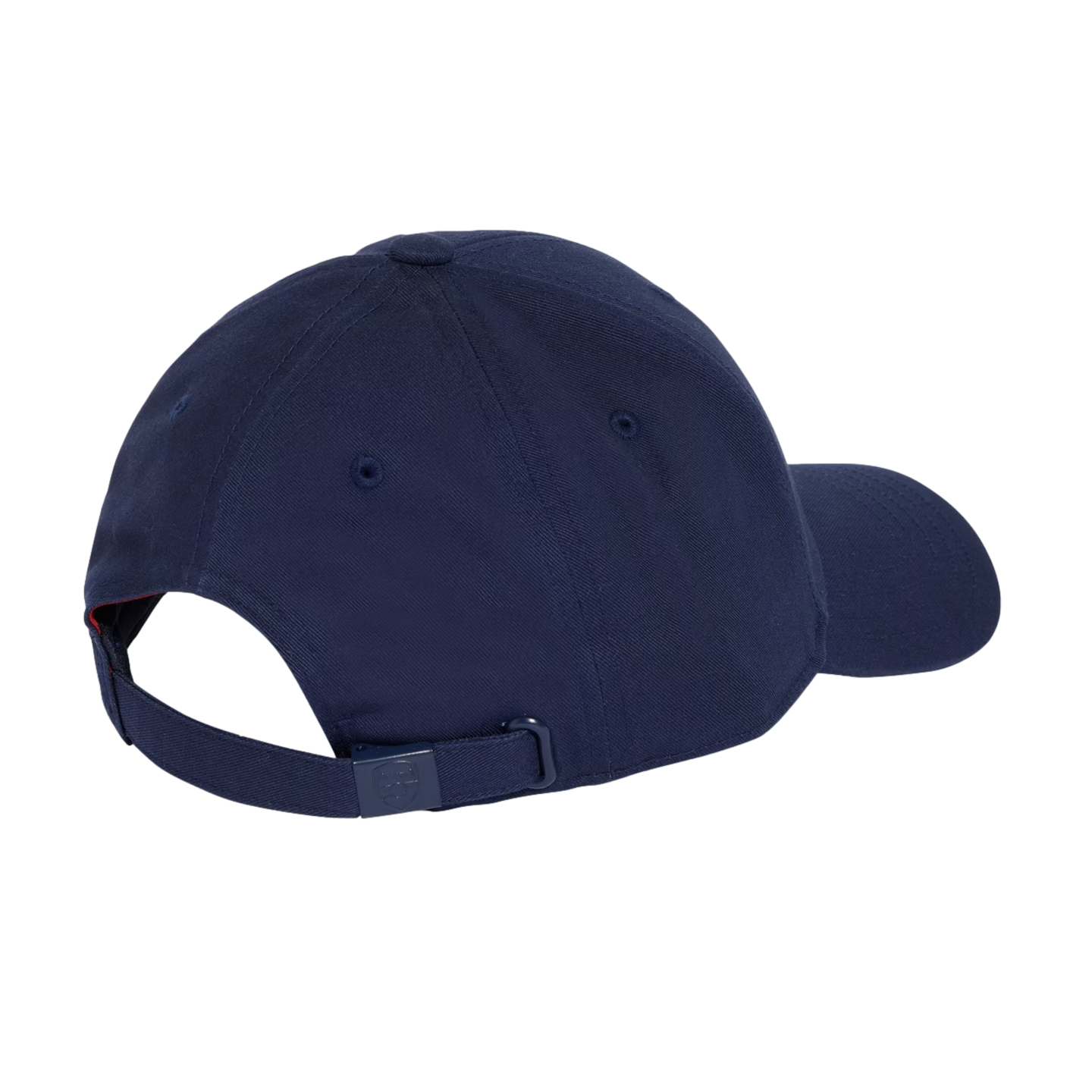 Rear view of a navy blue baseball cap with an adjustable strap and buckle, set against a black background.