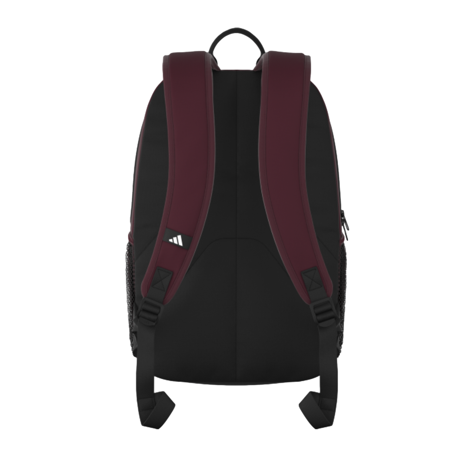 The back view of a black Adidas backpack featuring dark red shoulder straps, a top handle, and a small white Adidas logo on the left strap.
