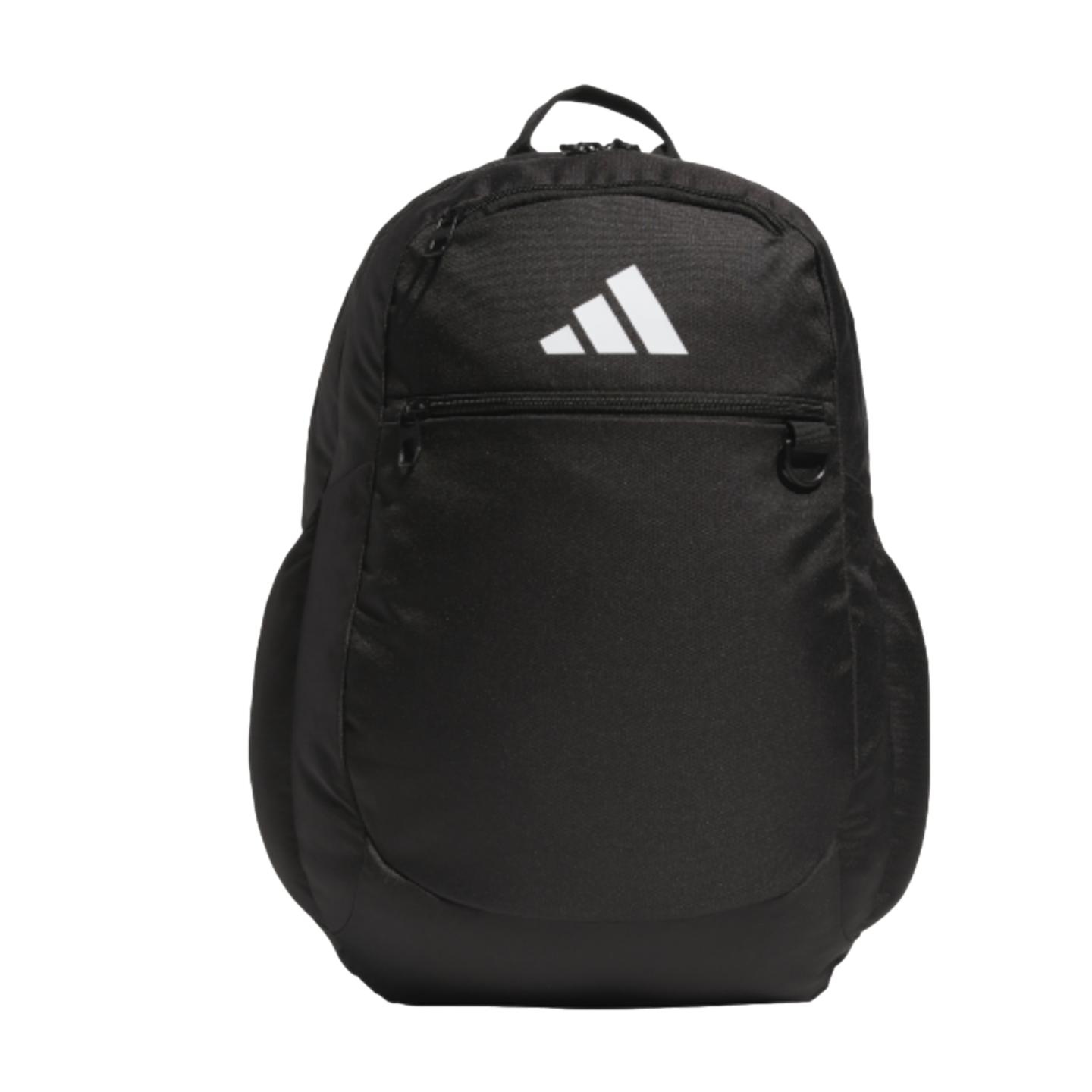 A black Adidas backpack featuring a white logo, zippered front pocket, and a top carry handle against a black background.