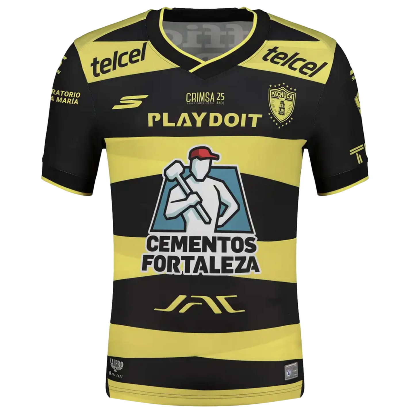 A black and yellow striped Pachuca football jersey with various sponsor logos, including a large central graphic for Cementos Fortaleza.