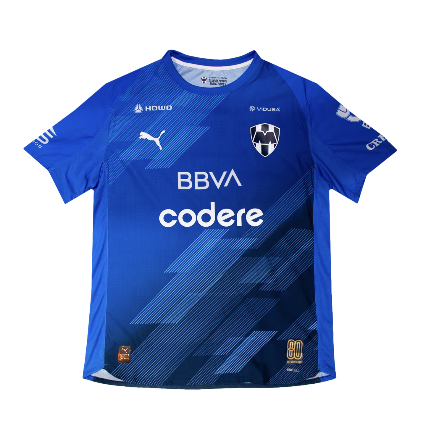 A royal blue CF Monterrey soccer jersey by Puma with dark blue diagonal patterns, featuring the club crest, BBVA and Codere logos, and a gold 80th-anniversary badge.