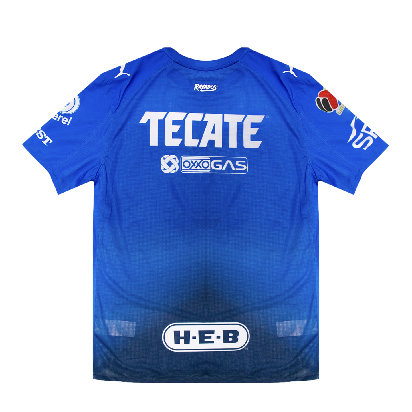 Back of a blue Rayados soccer jersey with white sponsor logos for TECATE, OXXO GAS, and H-E-B. The fabric features a blue gradient that fades to dark at the hem.