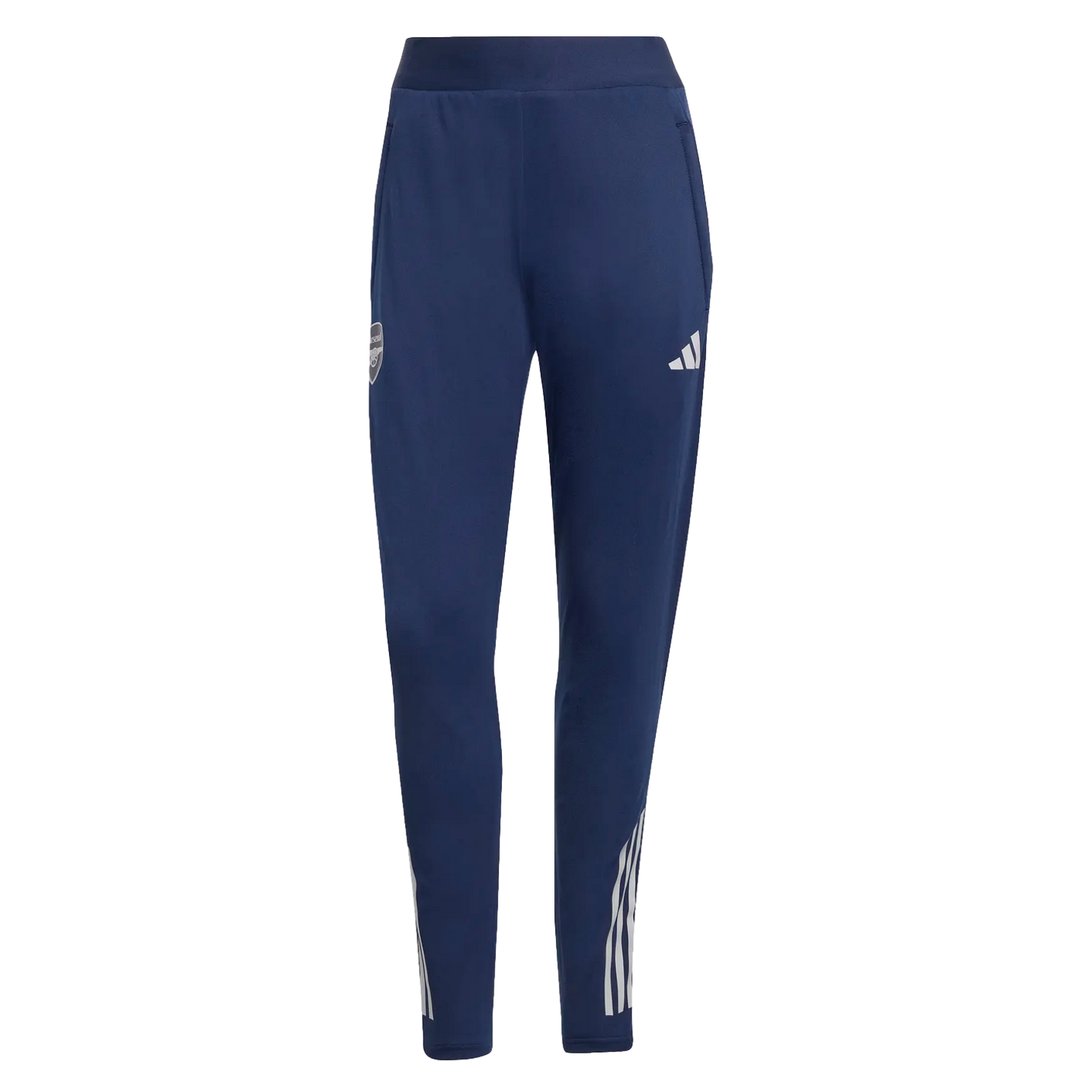 Navy blue Adidas Arsenal training pants featuring a white Adidas logo on the thigh and three white stripes on the lower legs.
