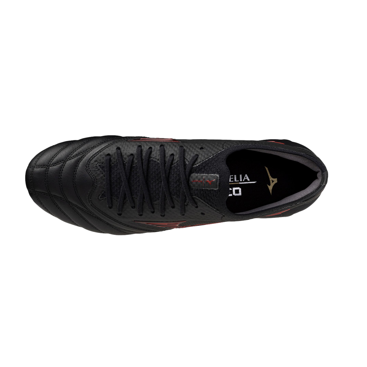 Top-down view of a black Mizuno Morelia soccer cleat with black laces and red accents on a black background.