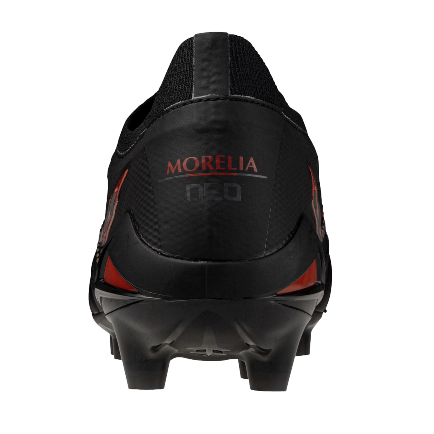 Rear view of a black soccer cleat with red and grey "MORELIA NEO" branding on the heel, featuring red accents and black studs on a black background.