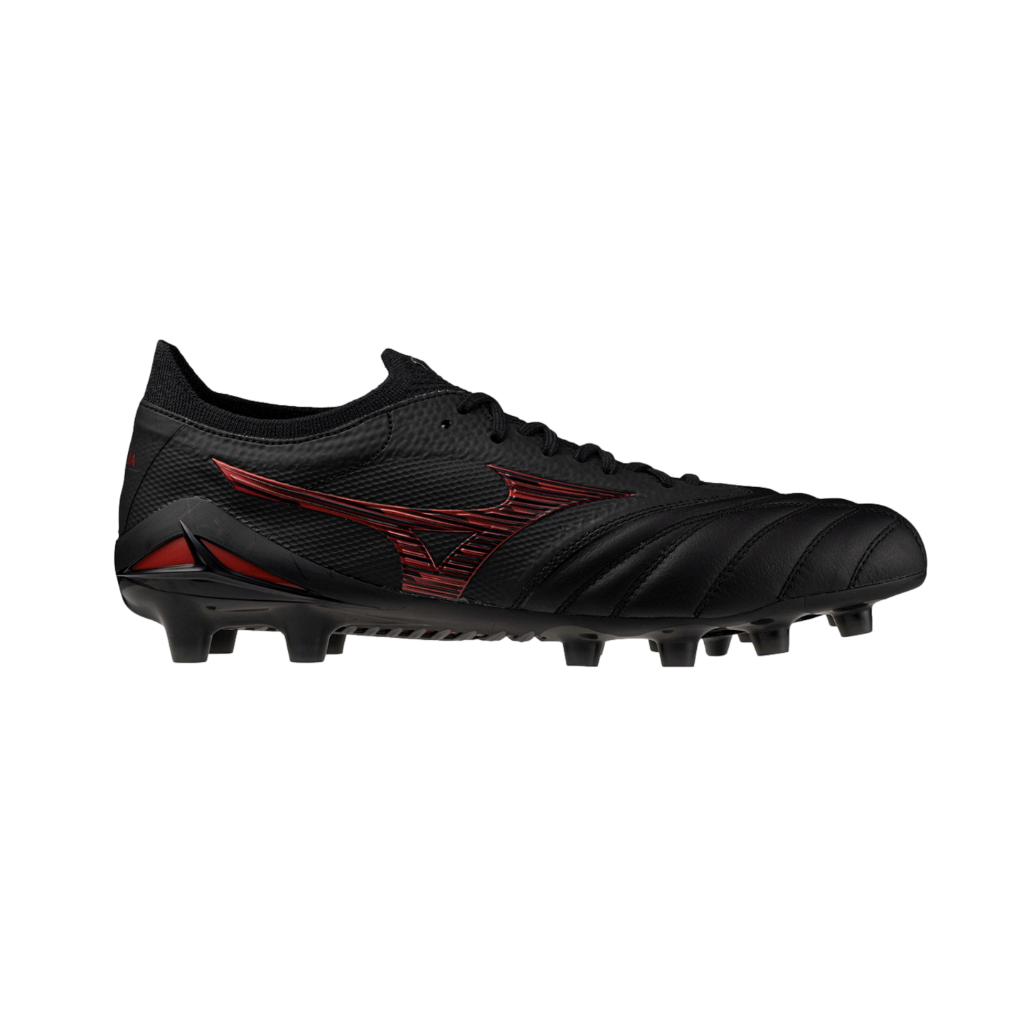 Side profile of a black Mizuno soccer boot with a metallic red logo and heel accents against a solid black background.