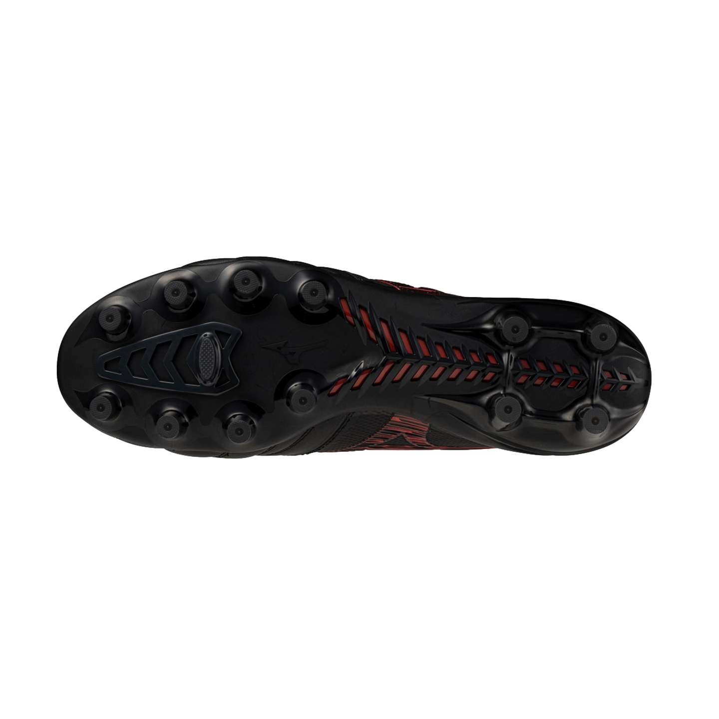 Underside view of a black soccer cleat soleplate featuring conical studs and textured red accents against a black background.