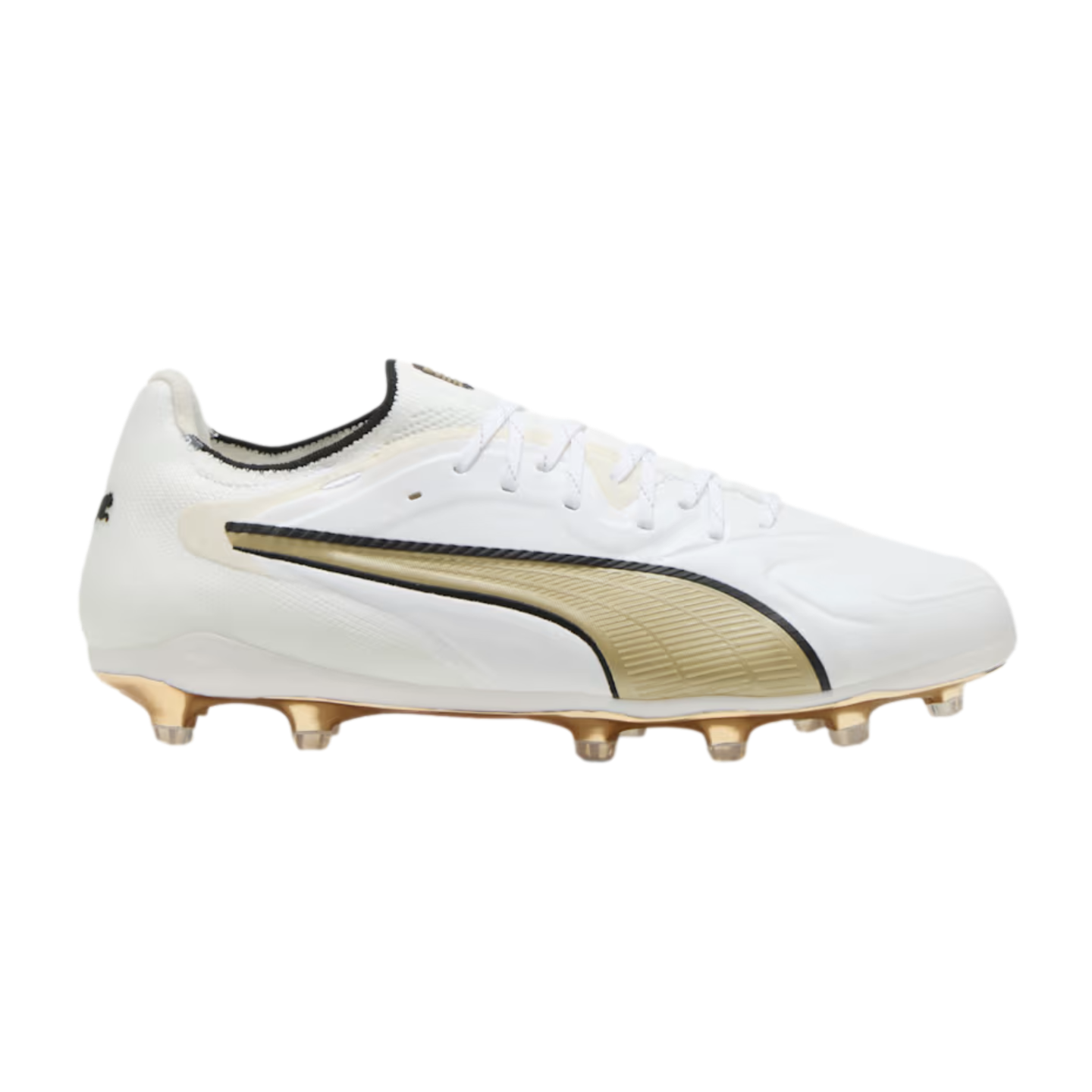 White Puma soccer cleat with a gold and black Formstrip and gold-studded soleplate, shown from a side profile.