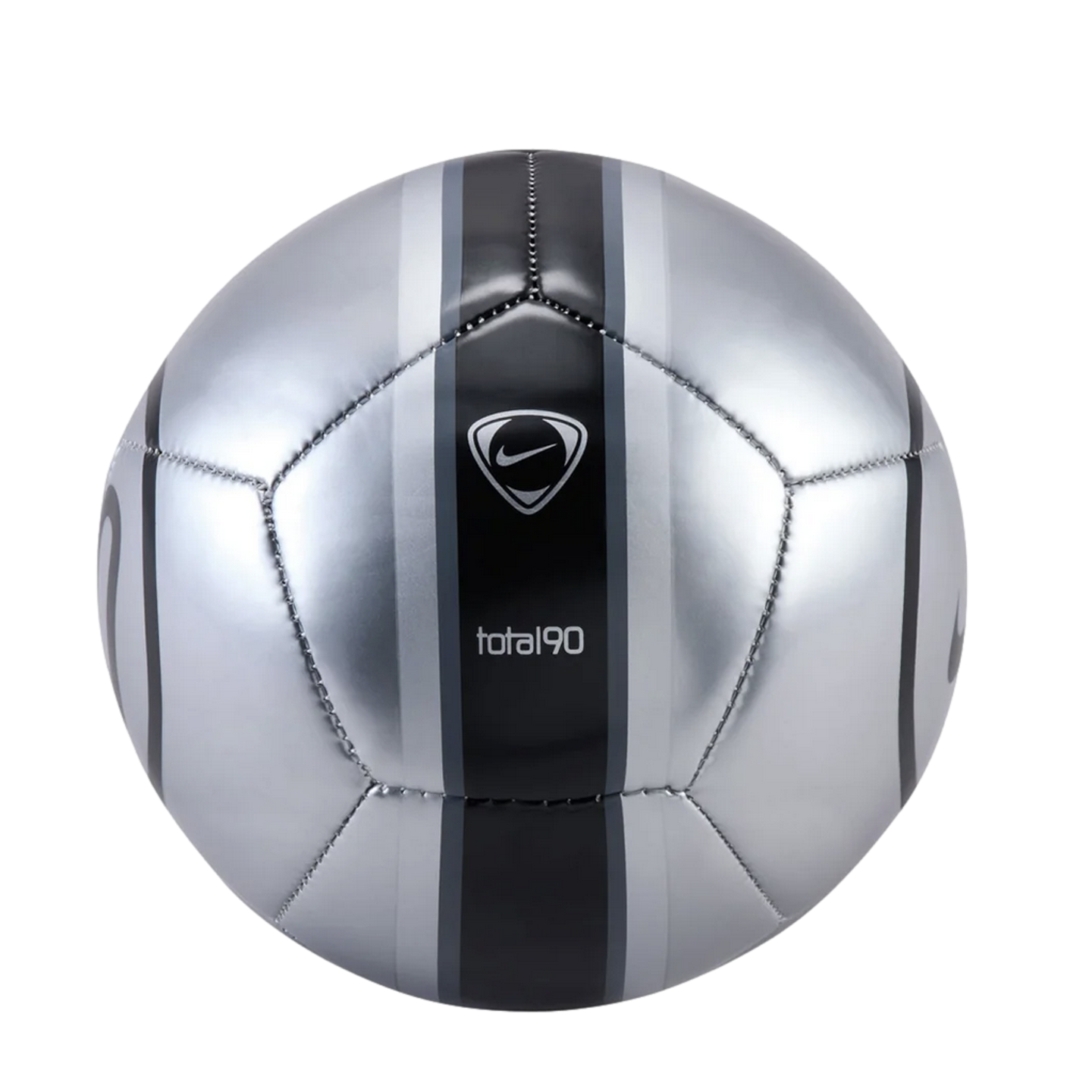A silver Nike Total 90 soccer ball featuring a central black vertical stripe with grey accents.