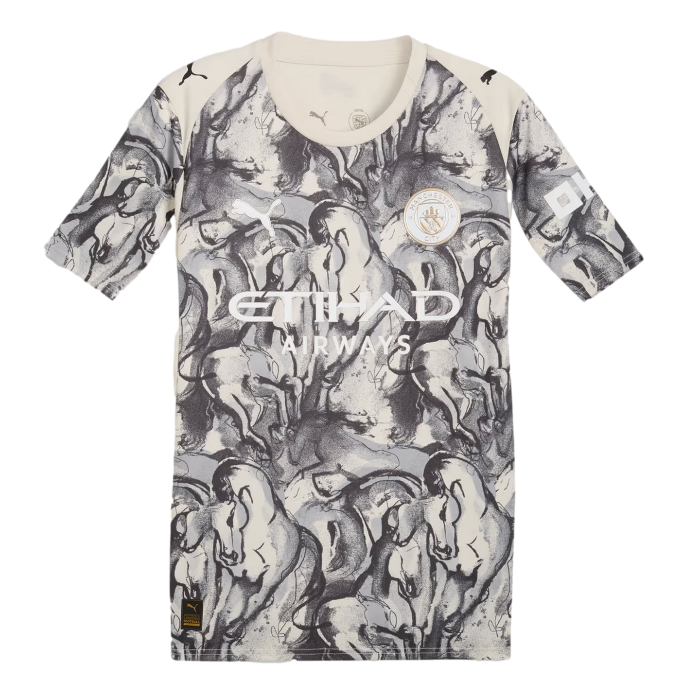 Manchester City special edition soccer jersey by Puma featuring a cream base with a grey and black abstract horse print, white sponsor logo, and gold team crest.