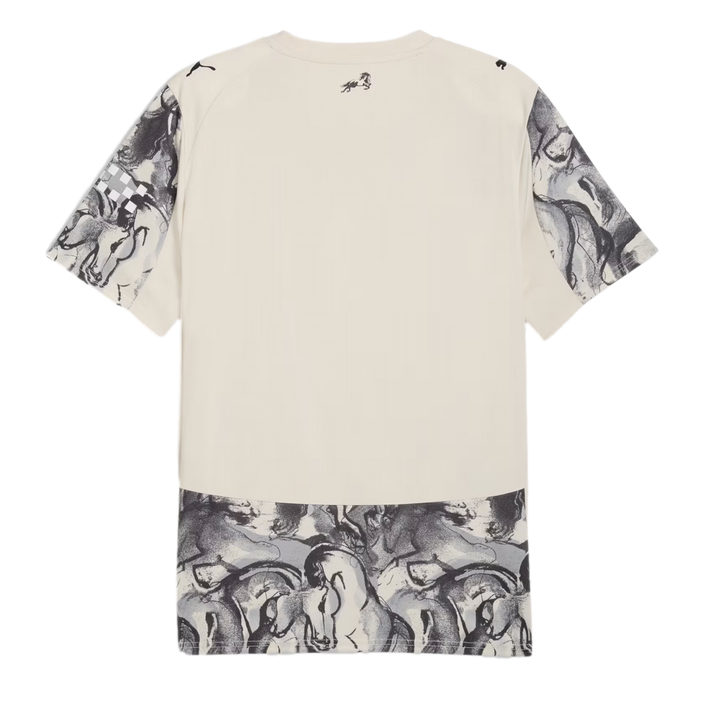 Back of an off-white t-shirt featuring grey abstract horse graphics on the sleeves and bottom hem. It includes small Puma shoulder logos and a horse emblem centered below the neckline.