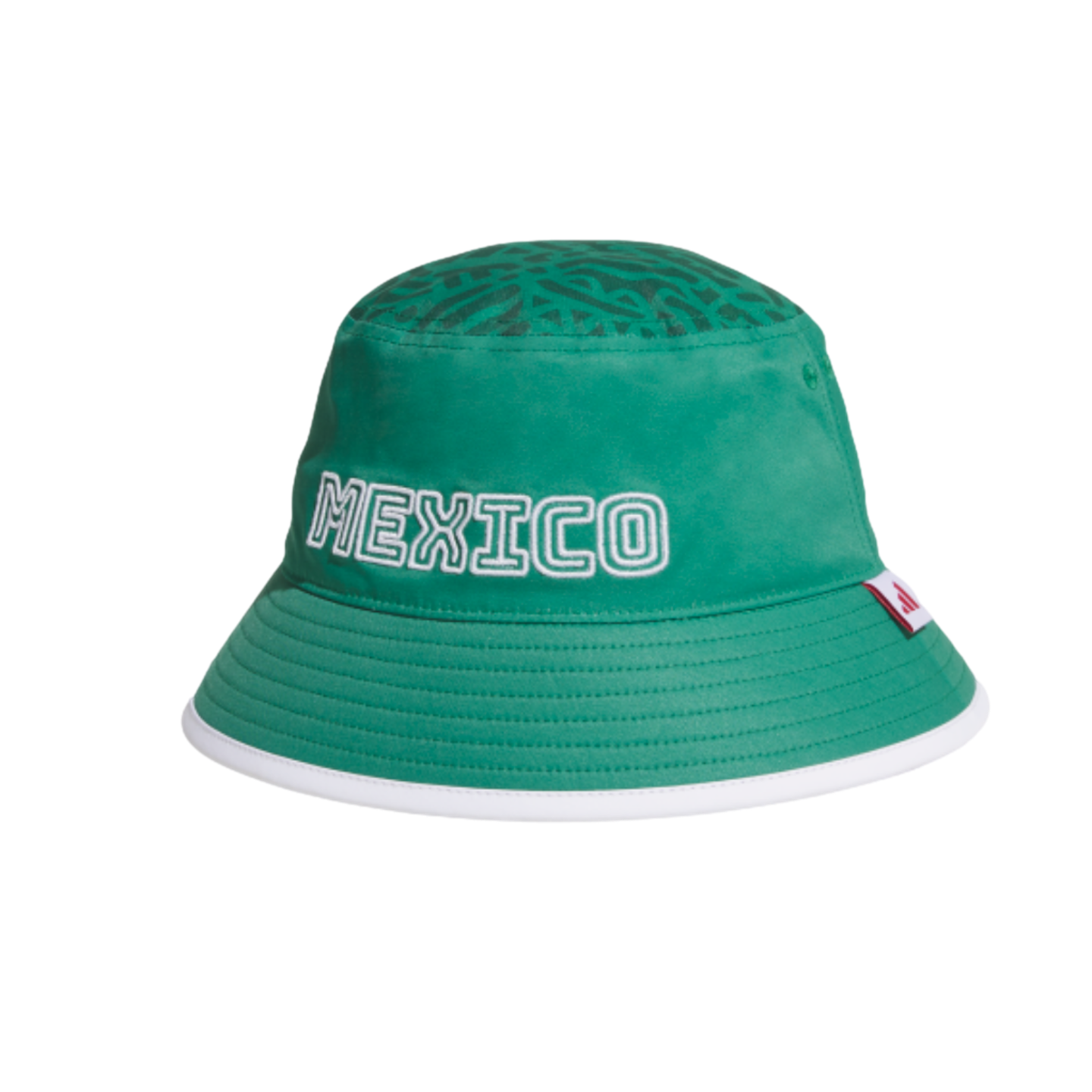 Green bucket hat with "MEXICO" in white outlined letters, a patterned crown, and white brim trim, against a black background.