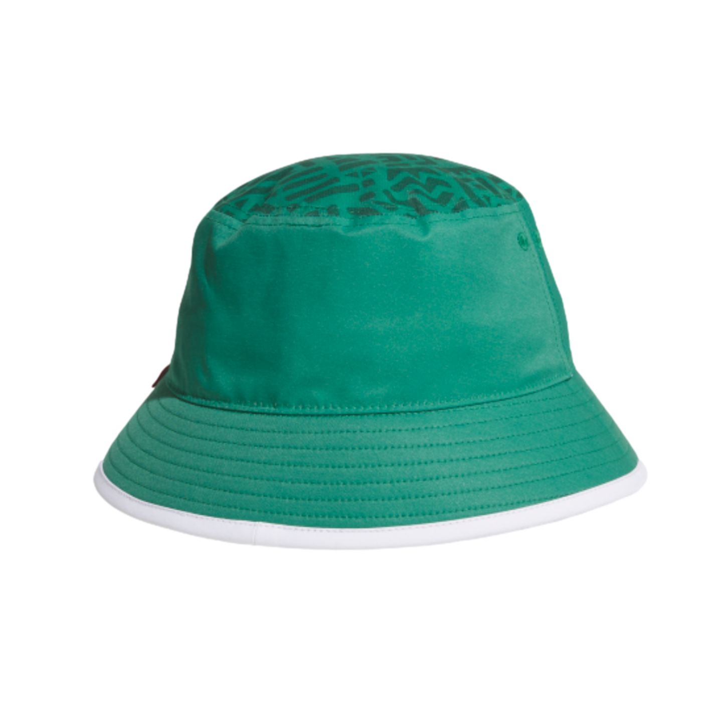 A green bucket hat with a dark green patterned crown and a white-trimmed brim, set against a solid black background.