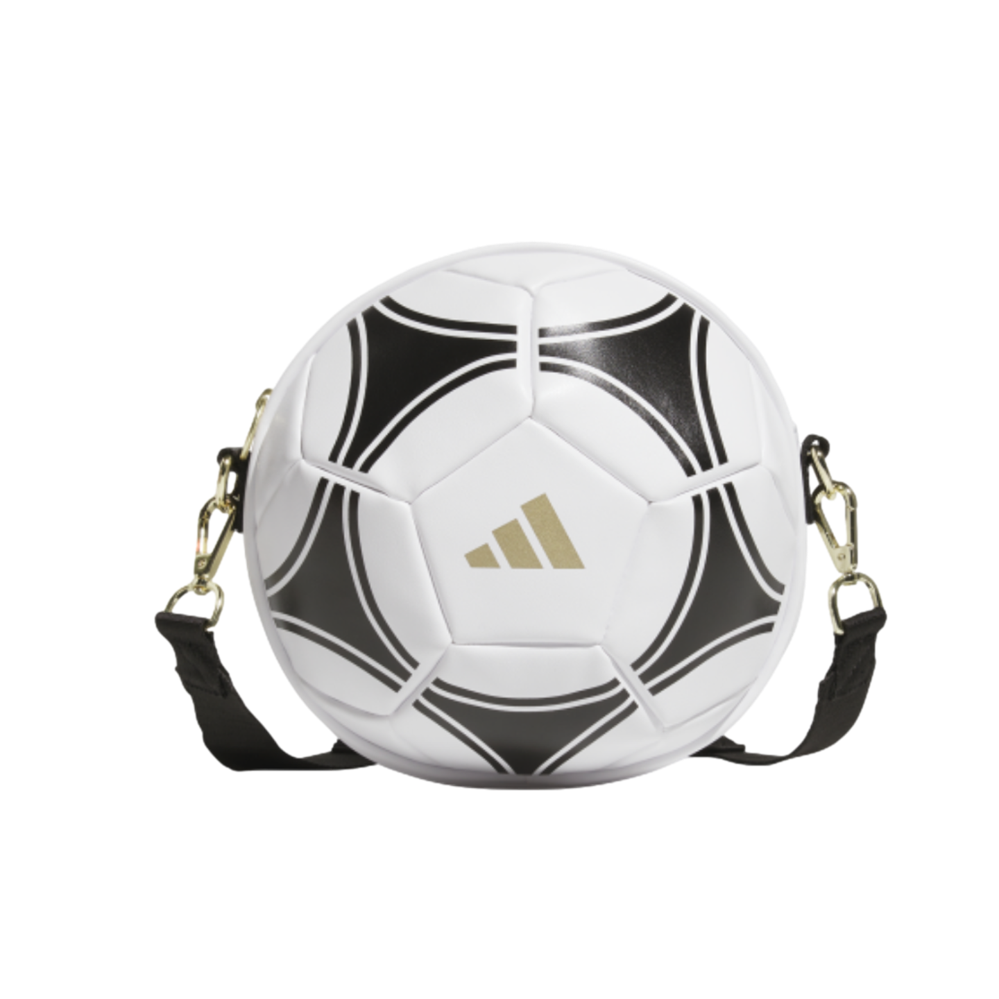 A white Adidas soccer ball bag with black accents and a gold logo. It has a black adjustable shoulder strap with gold-colored metal clasps, set against a black background.