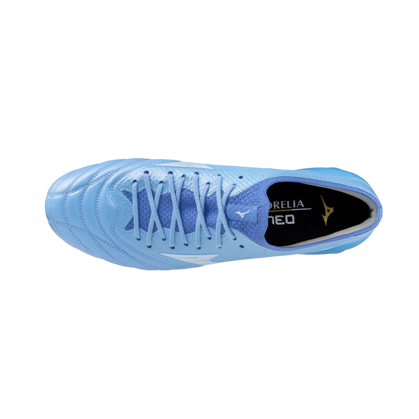 Top-down view of a light blue Mizuno soccer cleat with matching laces, set against a solid black background.