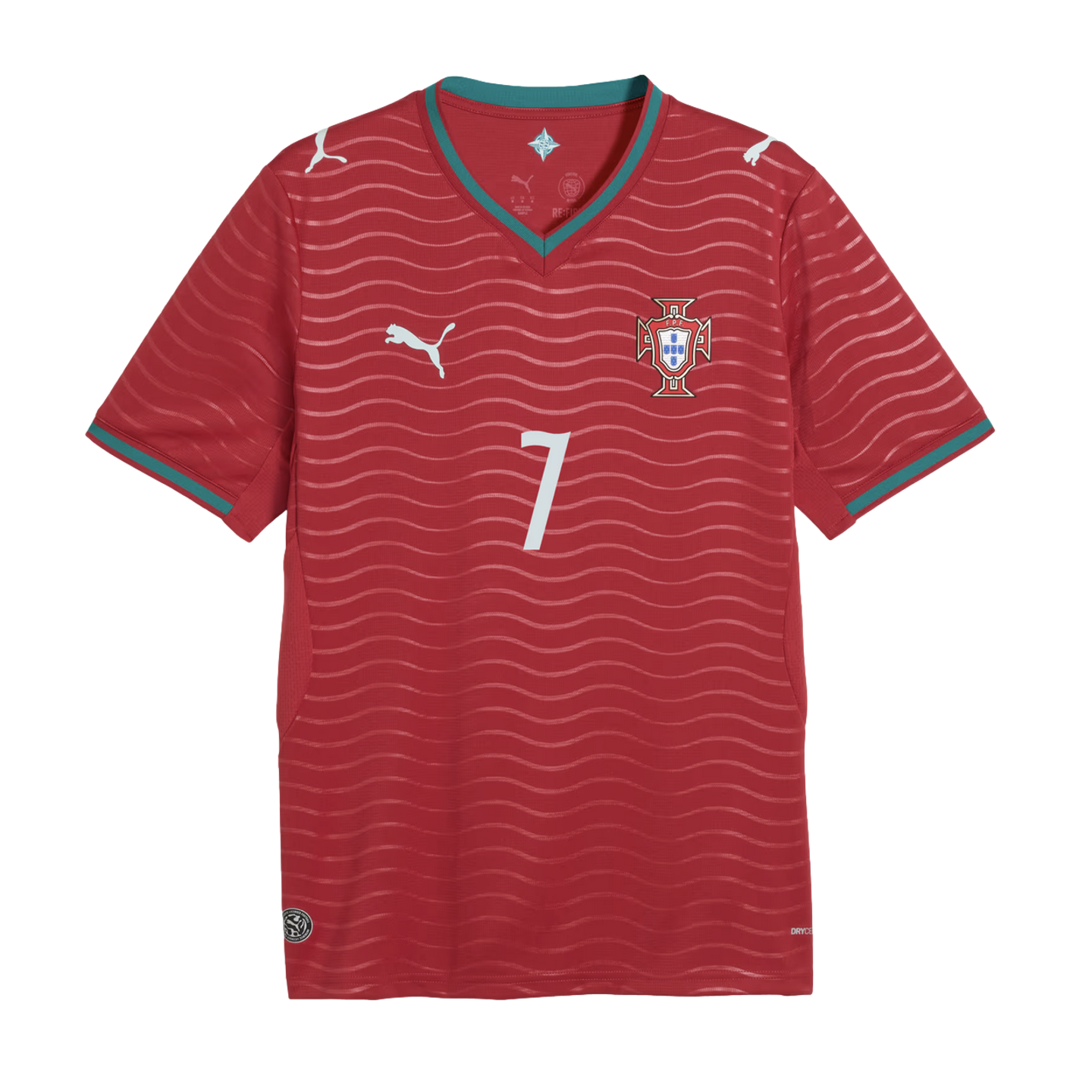 Red Portugal national team soccer jersey by Puma with white number 7, horizontal wavy patterns, and teal trim on the collar and sleeve cuffs.