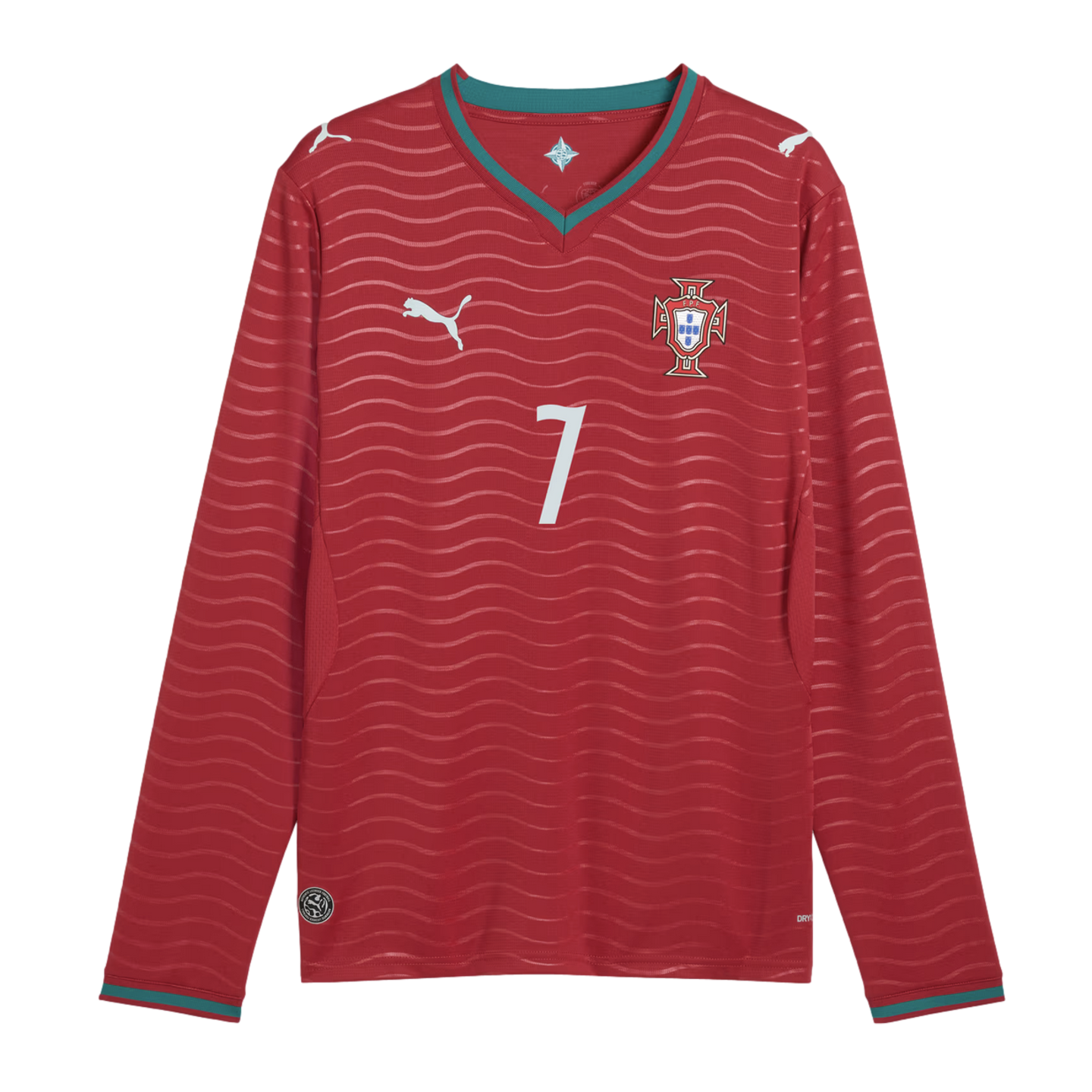 Red long-sleeved soccer jersey with a wavy pattern, featuring a white Puma logo, the number 7, the Portugal national team crest, and green accents on the collar and cuffs.