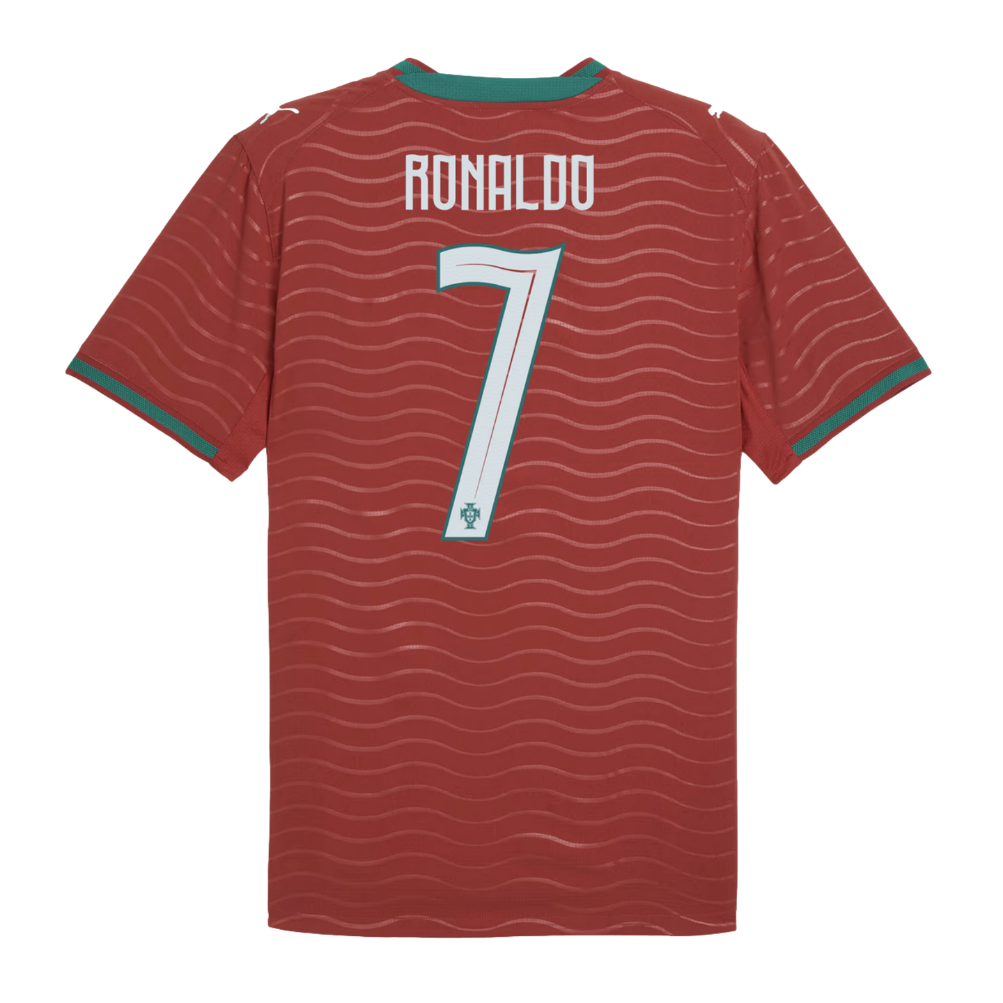Back view of a red Portugal soccer jersey with "RONALDO 7" in white. Features green trim on the collar and sleeves and a subtle wavy pattern throughout.