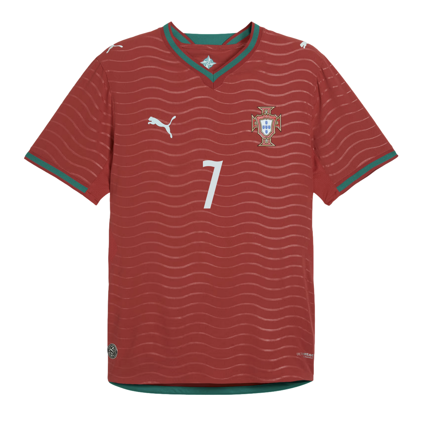 Portugal national team red soccer jersey by Puma, featuring a white number 7, the team crest, and green trim on the v-neck collar and sleeve cuffs.