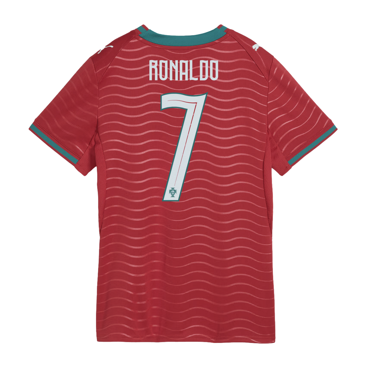 Back of a red soccer jersey with "RONALDO" and the number 7 in white. Features teal trim, a subtle wavy pattern, and Puma logos on the shoulders.