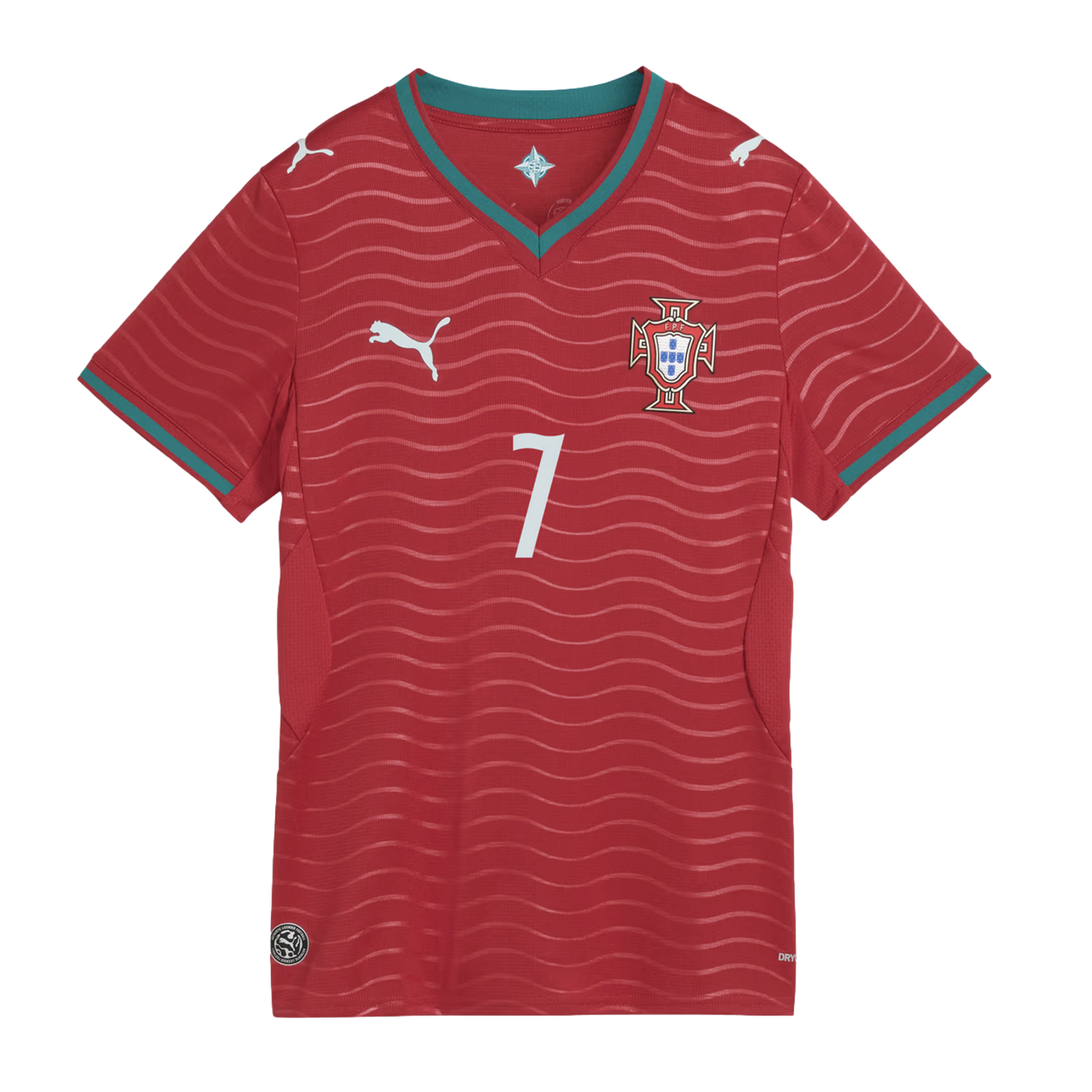 Red Portugal national team soccer jersey by Puma, featuring the number 7, green V-neck trim, and a subtle wavy pattern.