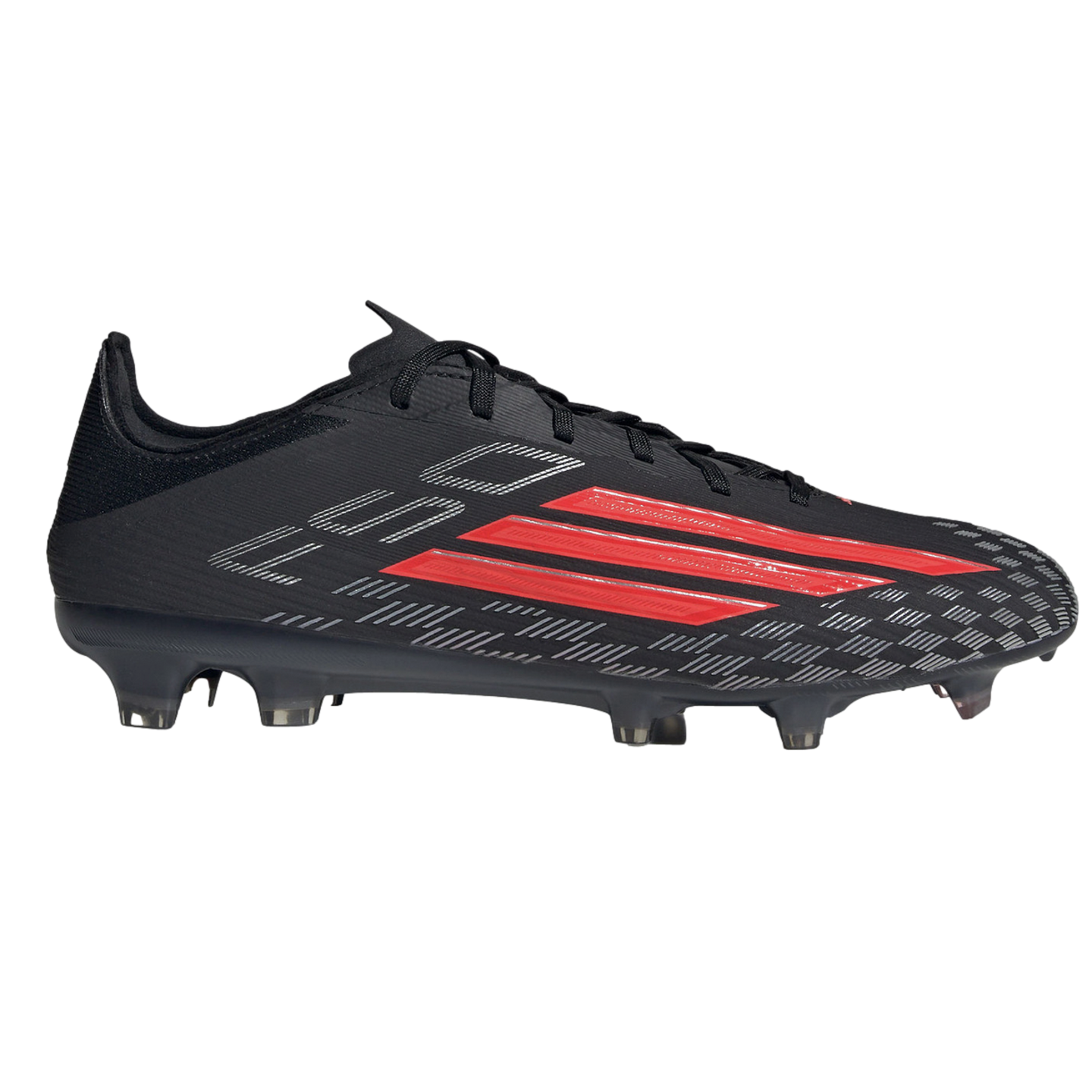 Side view of a black Adidas F50 soccer cleat with three red stripes and silver graphic patterns.