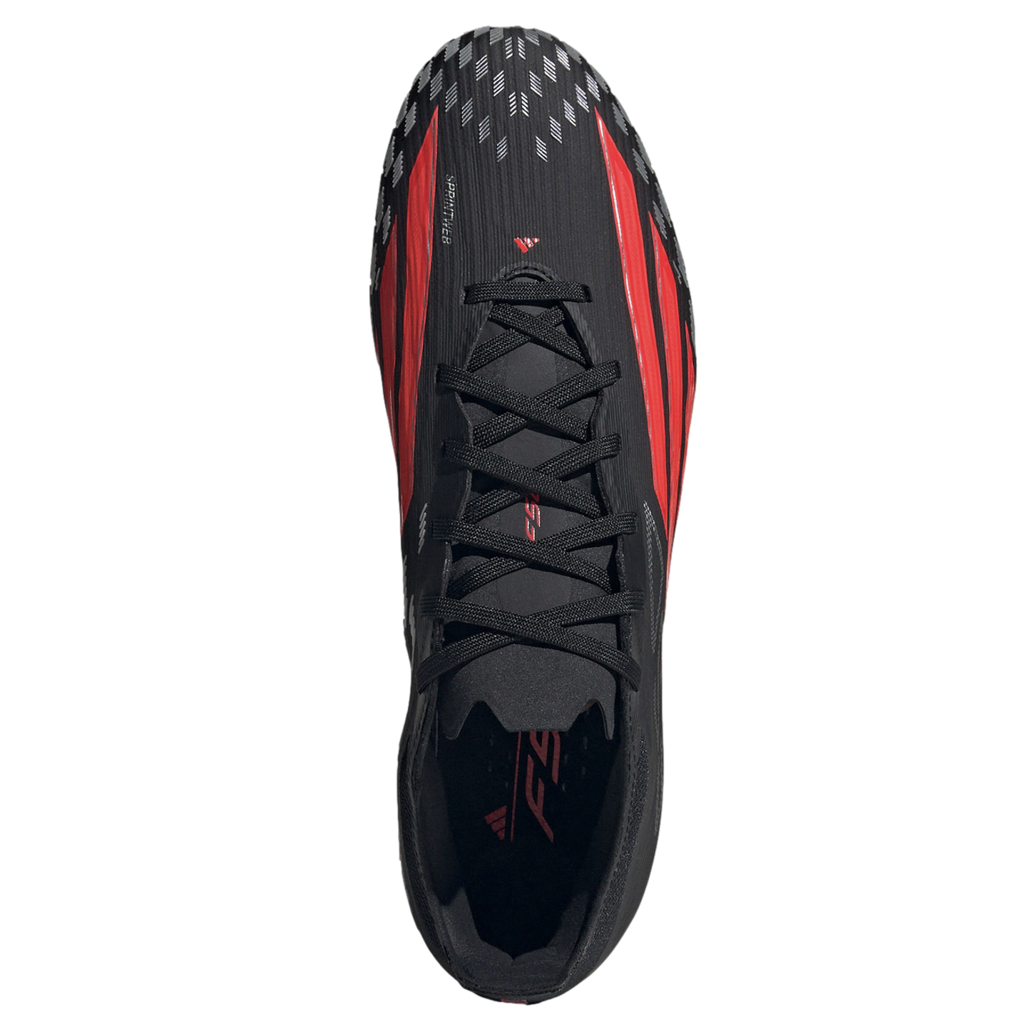 Top-down view of a black and red Adidas athletic shoe with black laces and patterned toe, set against a black background.