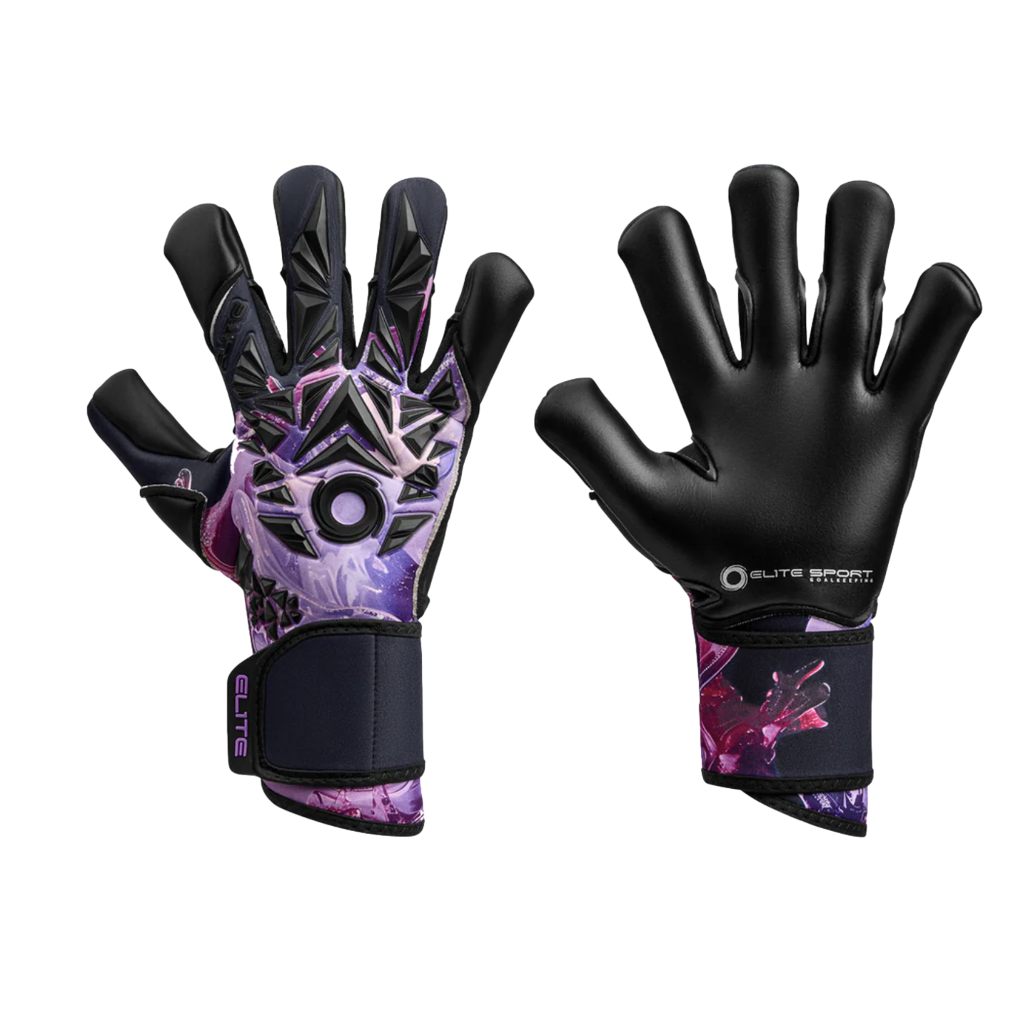 Elite Sport goalkeeper gloves with a purple and black galaxy pattern. One glove shows the geometric-padded backhand, the other shows the smooth black latex palm.