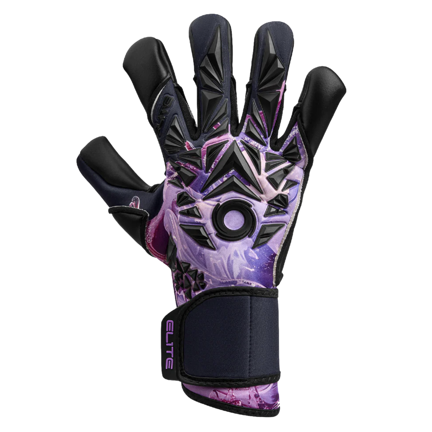 A purple and black Elite goalkeeper glove featuring 3D textured geometric patterns on the backhand and fingers.