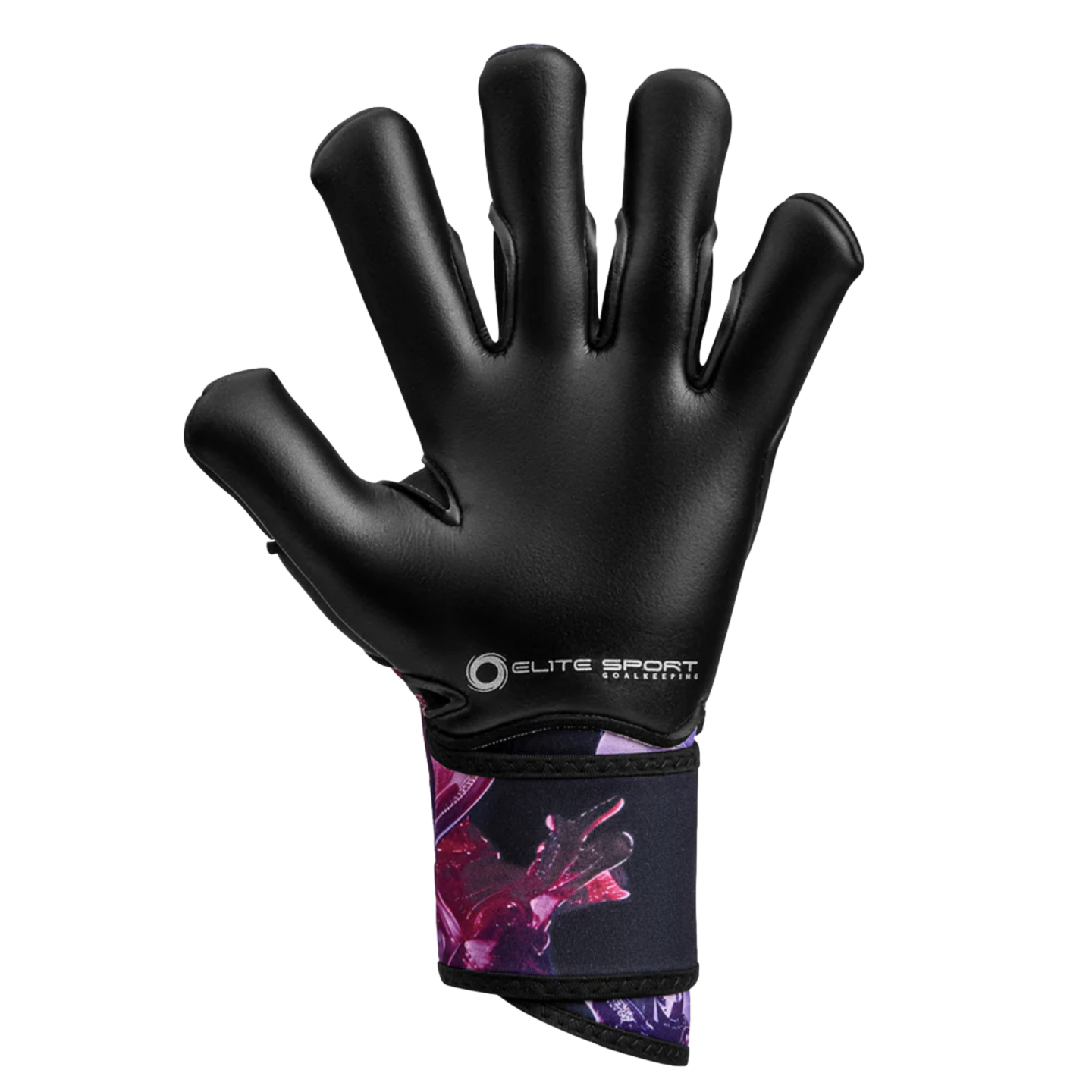 Palm-side view of a black Elite Sport goalkeeper glove with spread fingers, featuring a patterned purple and pink wrist strap.